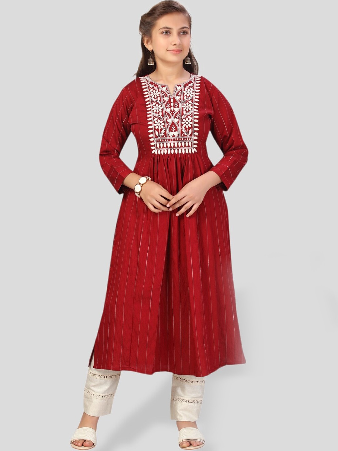 

BAESD Girls Striped Thread Work Pure Cotton Kurta with Trousers, Maroon