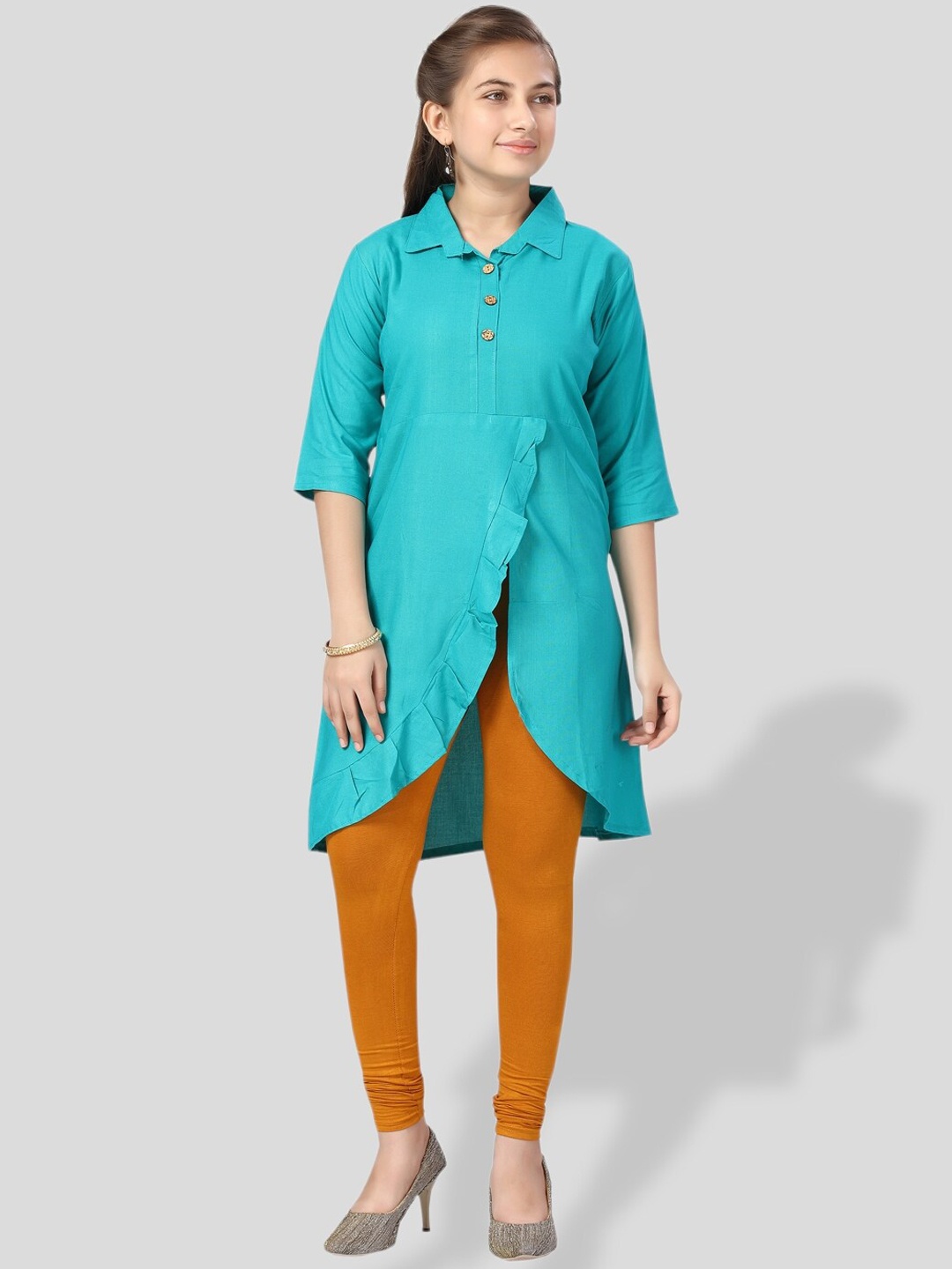 

BAESD Girls Shirt Collar Asymmetric Cotton Kurta, Turquoise blue