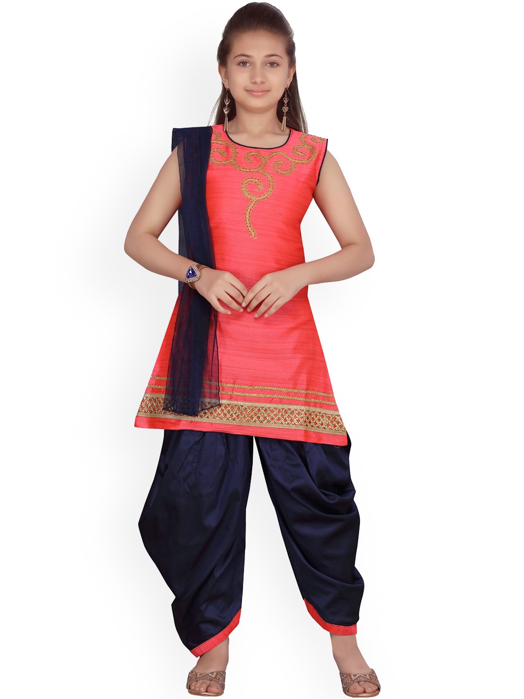 

BAESD Girls Ethnic Motifs Embroidered Regular Pure Silk Kurti with Patiala & Dupatta, Pink