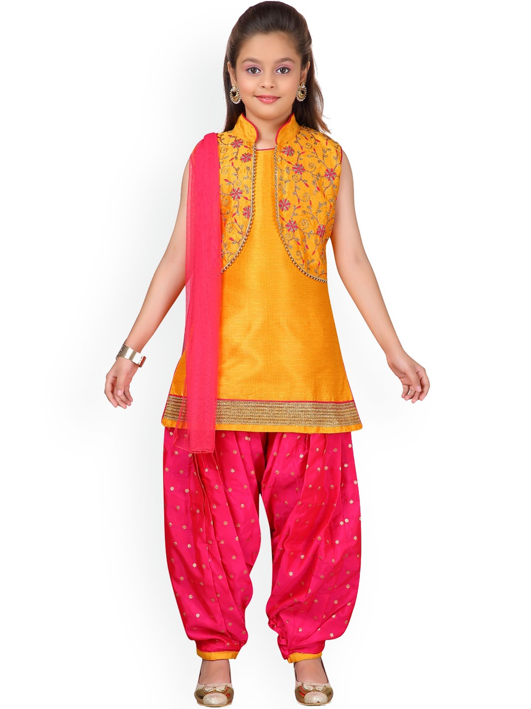 

BAESD Girls Floral Embroidered Pure Silk Kurti With Patiala & Dupatta, Yellow