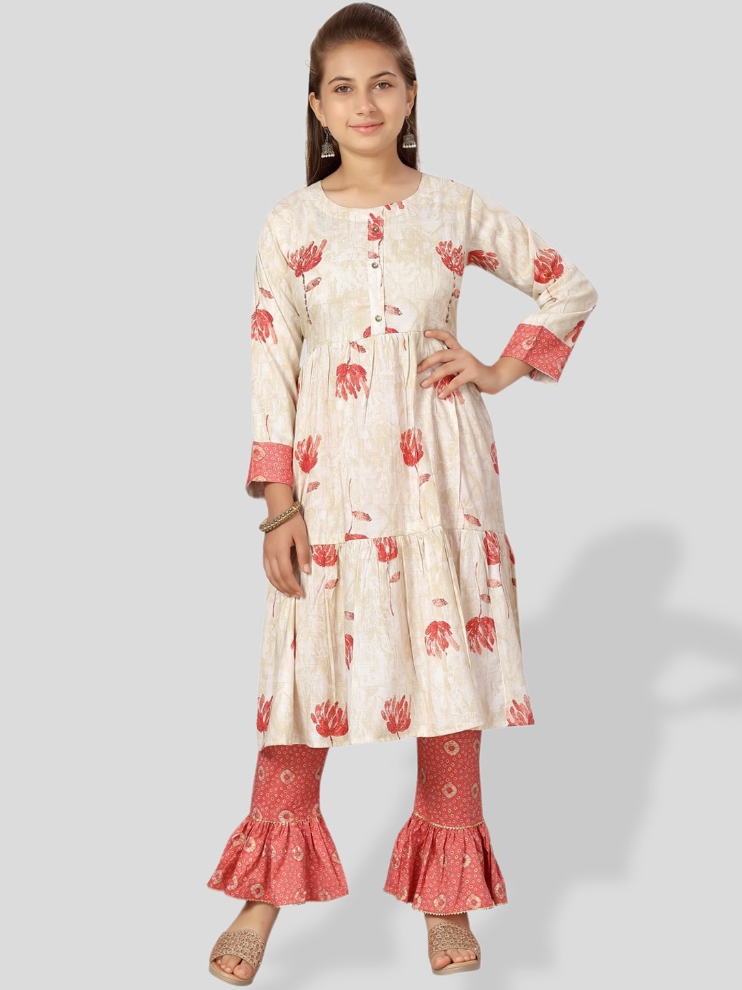 

BAESD Girls Floral Printed Pure Cotton Kurta with Trousers, Off white