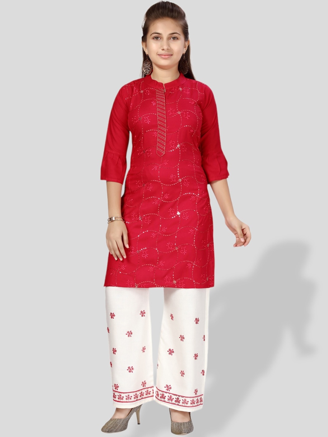 

BAESD Girls Floral Motifs Embroidered Sequinned Pure Cotton Kurta With Palazzos, Red