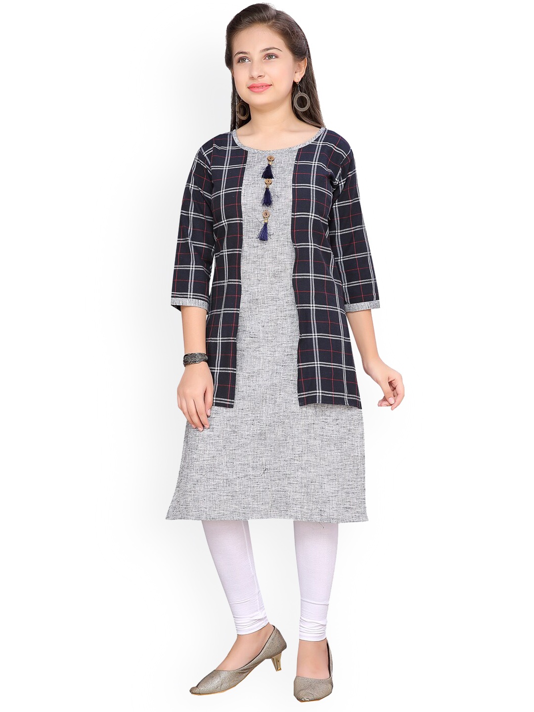 

BAESD Girls Checked Straight Kurta, Navy blue