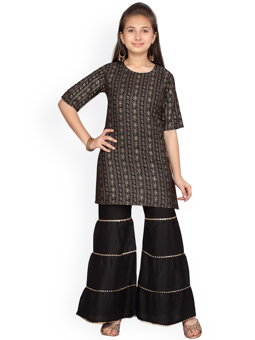 

BAESD Girls Ethnic Motifs Printed Gotta Patti Pure Cotton Kurti with Sharara, Black