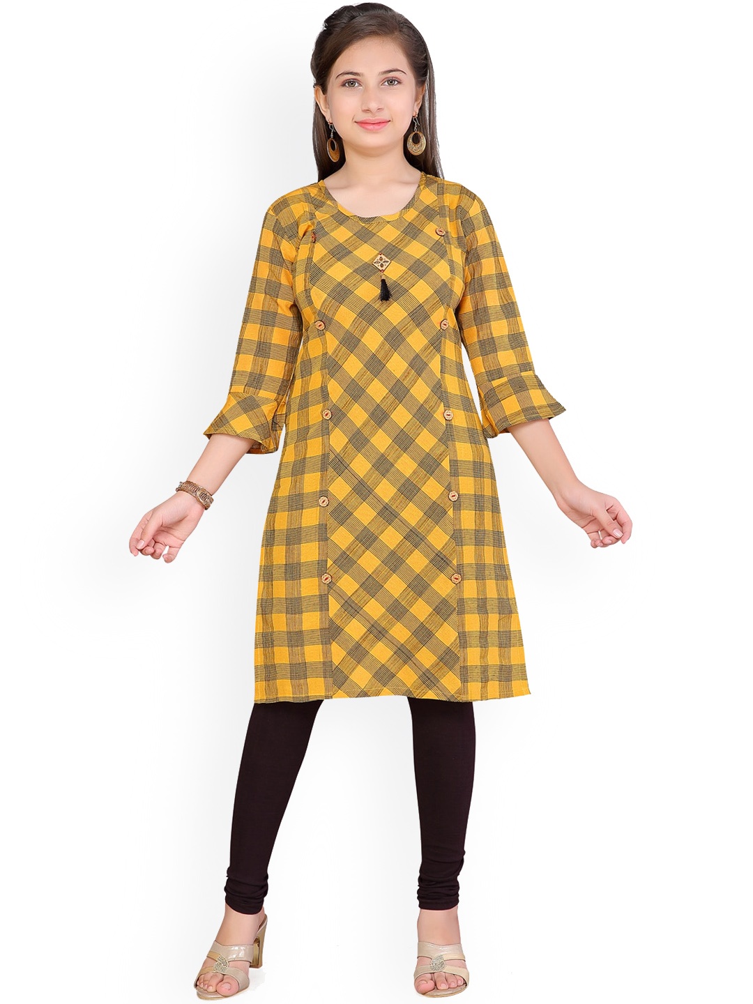 

BAESD Girls Bell Sleeves Checked Paneled Straight Cotton Kurta, Yellow