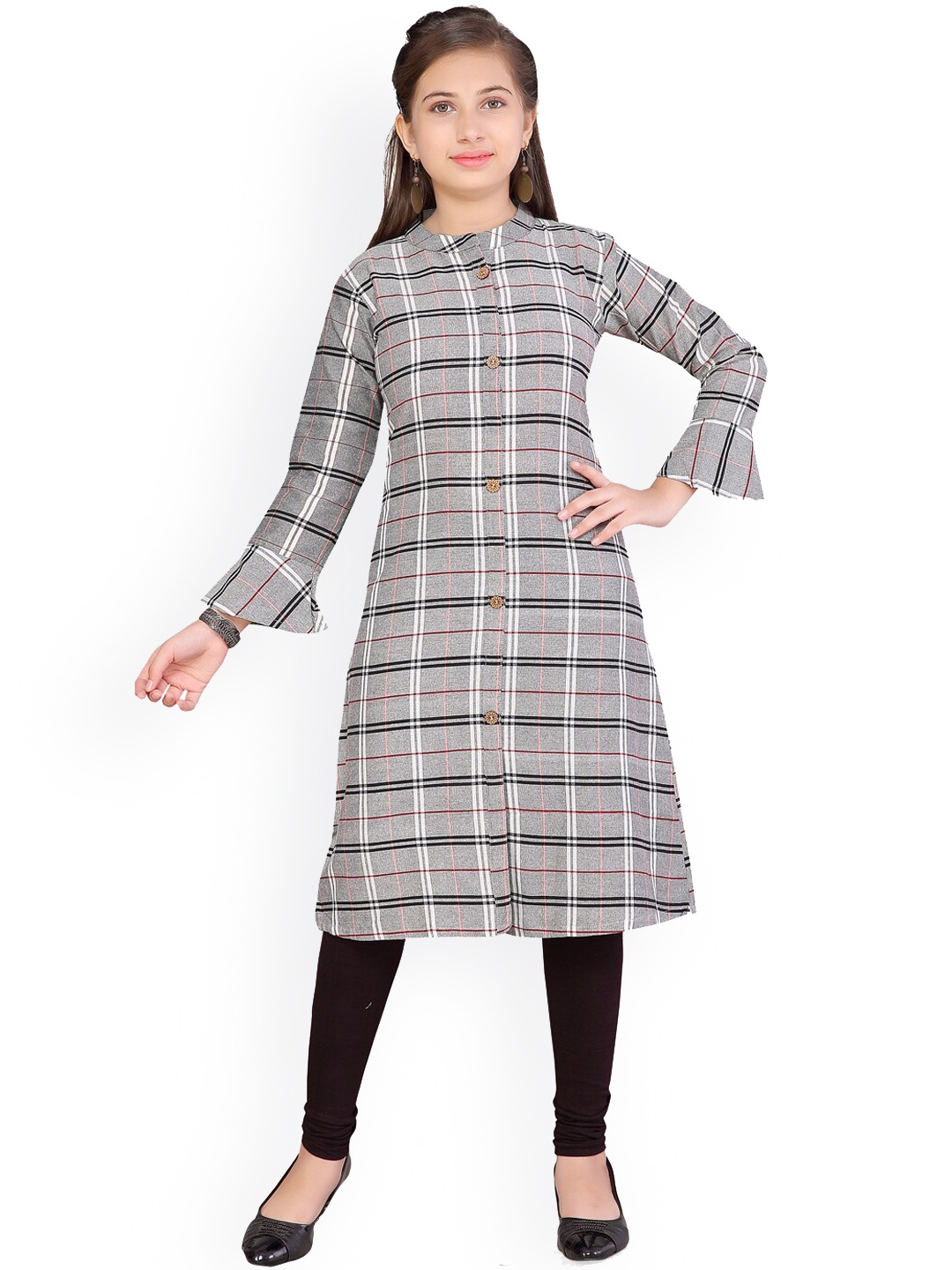 

BAESD Girls Checked Bell Sleeves A-Line Cotton Kurta, Grey