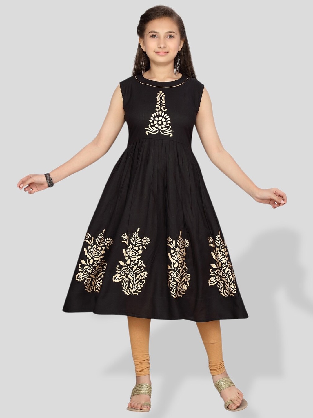 

BAESD Girls Floral Printed Cotton Anarkali Kurta, Black