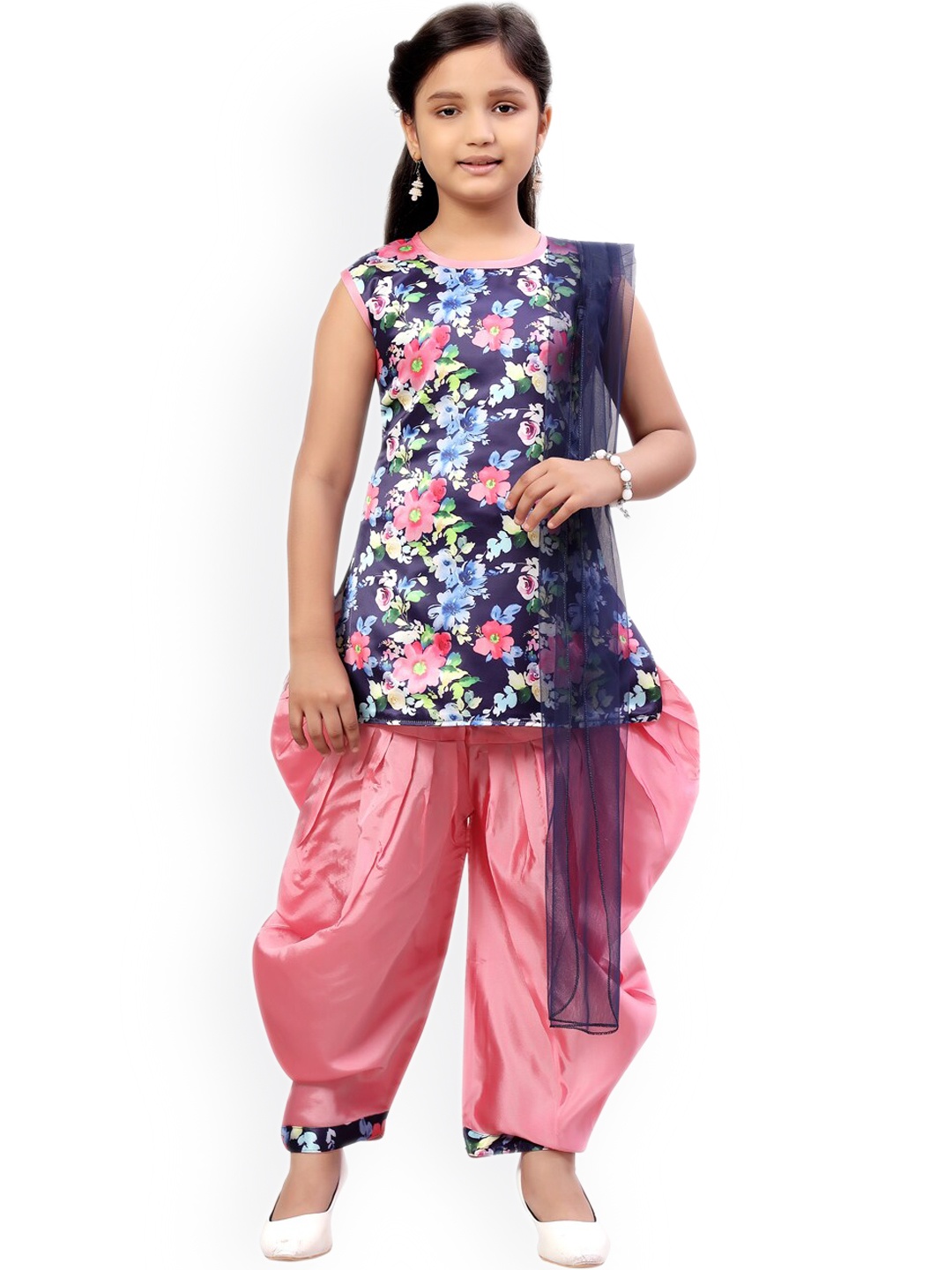

BAESD Girls Floral Printed Pure Silk Kurti with Patiala & Dupatta, Navy blue