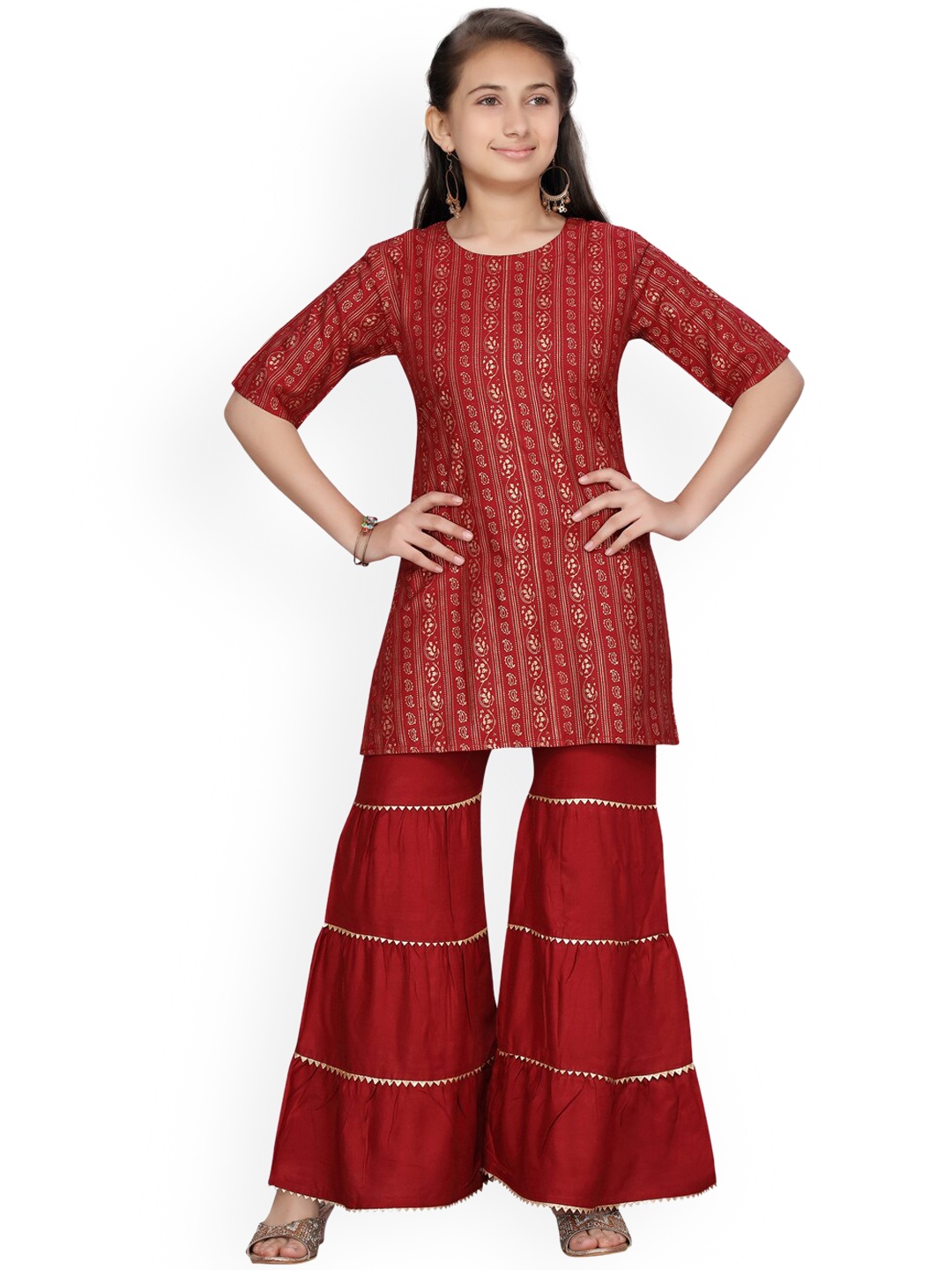 

BAESD Girls Ethnic Motifs Printed Gotta Patti Pure Cotton Kurti with Sharara, Maroon