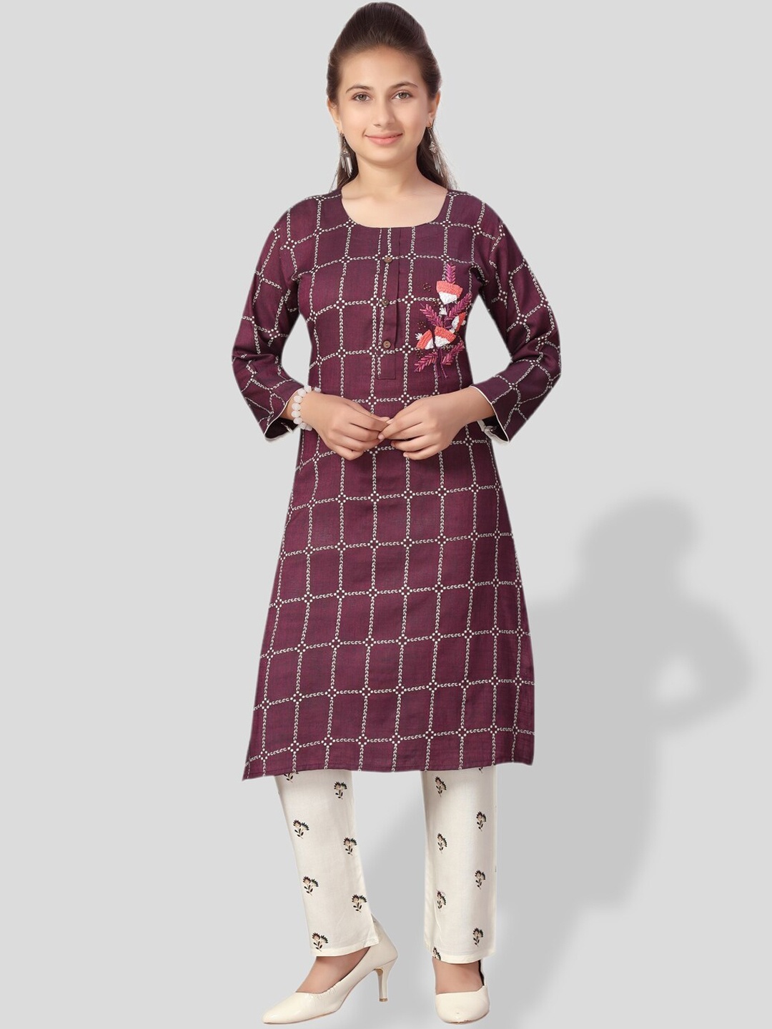 

BAESD Girls Ethnic Motifs Printed Thread Work Pure Cotton Kurta with Trousers, Purple