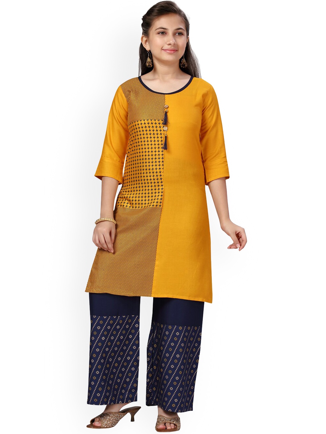 

BAESD Girls Ethnic Motifs Printed Pure Cotton Kurta with Palazzos, Mustard