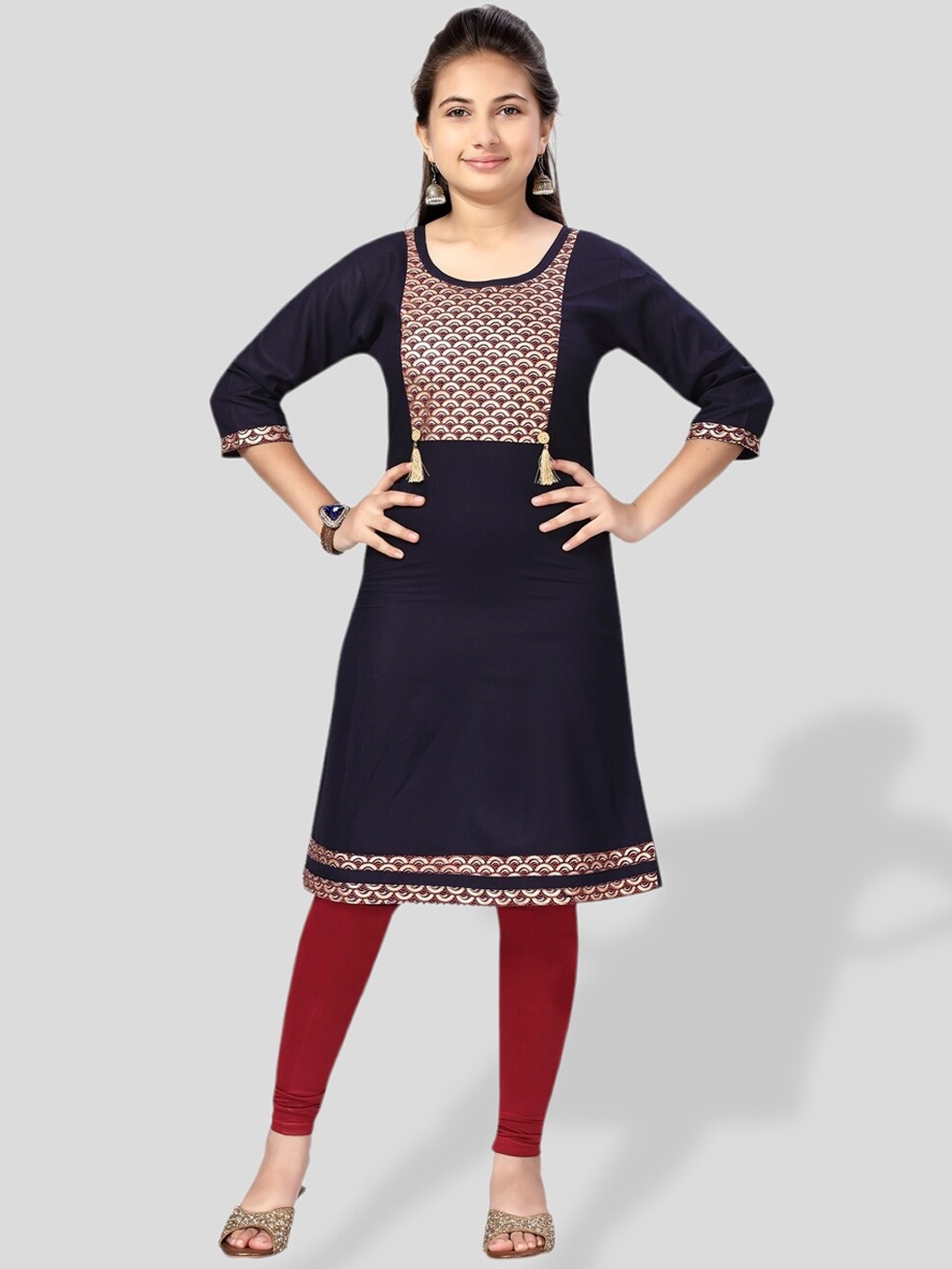

BAESD Girls Ethnic Motif Printed Cotton Kurta, Navy blue