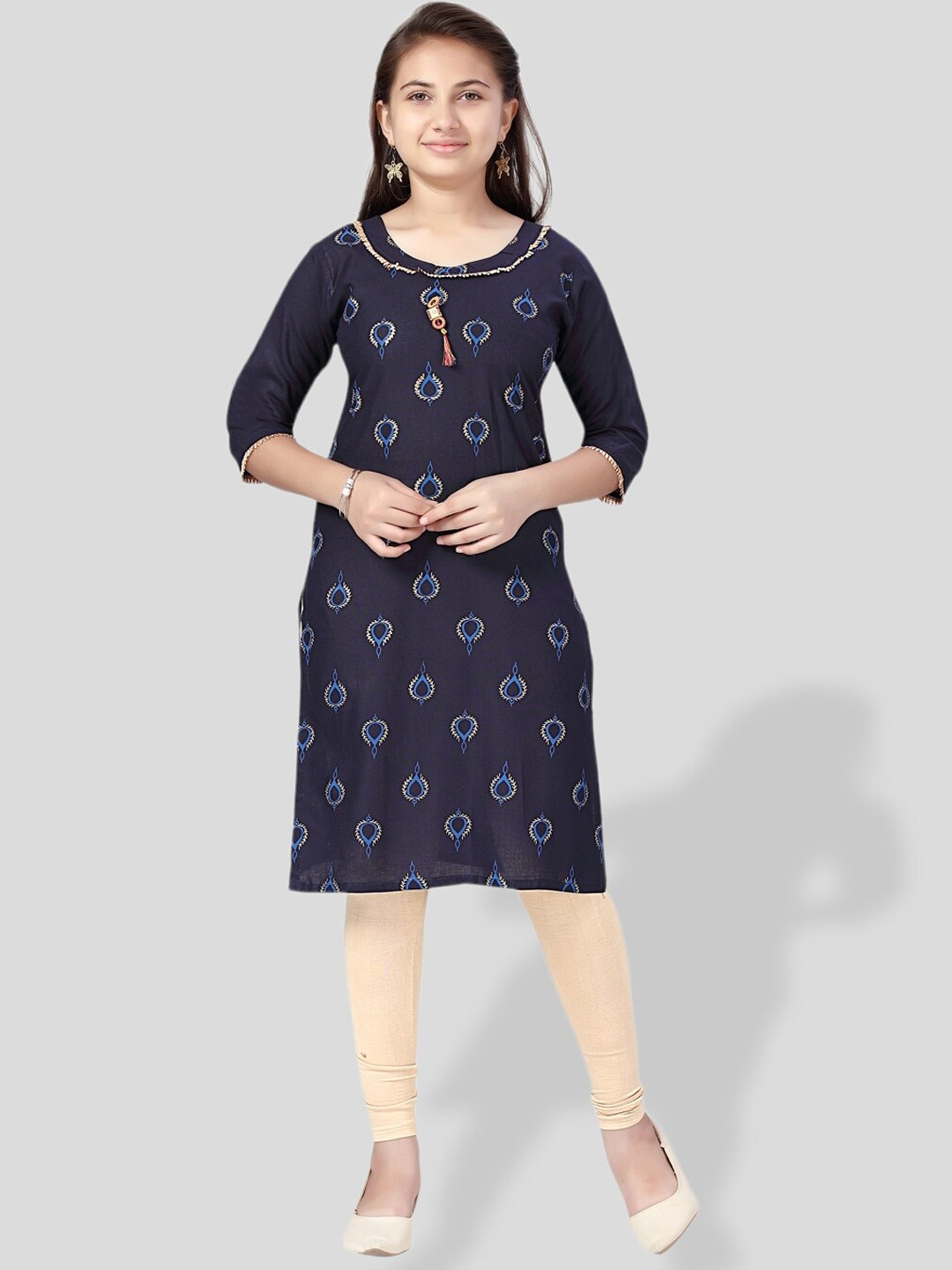 

BAESD Girls Ethnic Motifs Printed Cotton Kurta, Navy blue