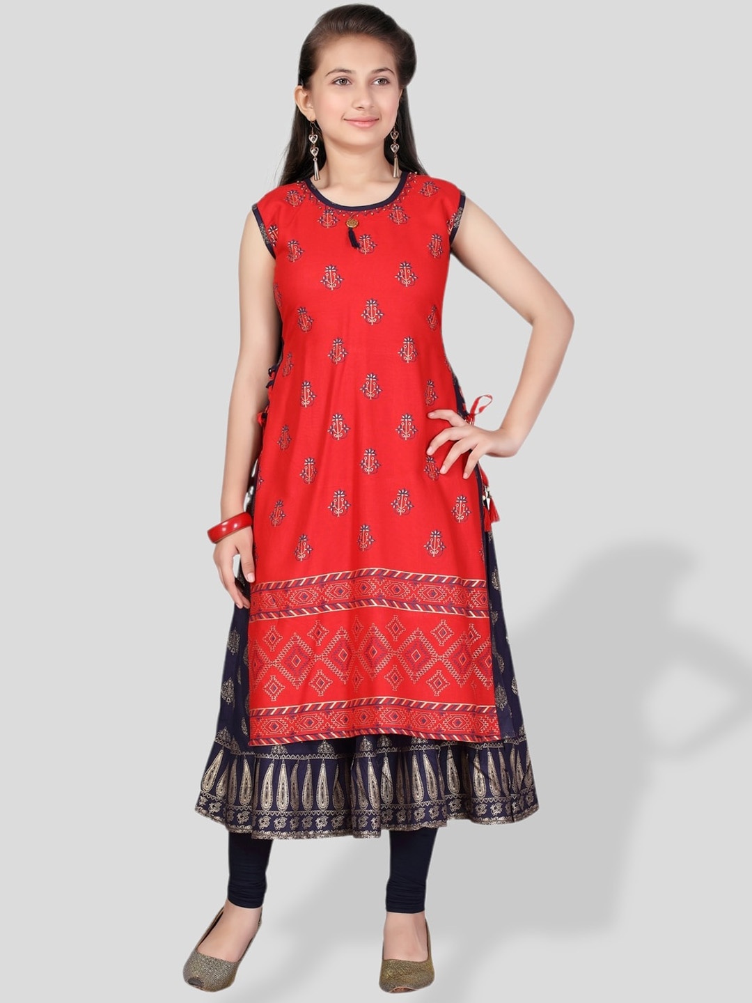 

BAESD Girls Ethnic Motifs Printed Layered A-line Cotton Kurta, Red
