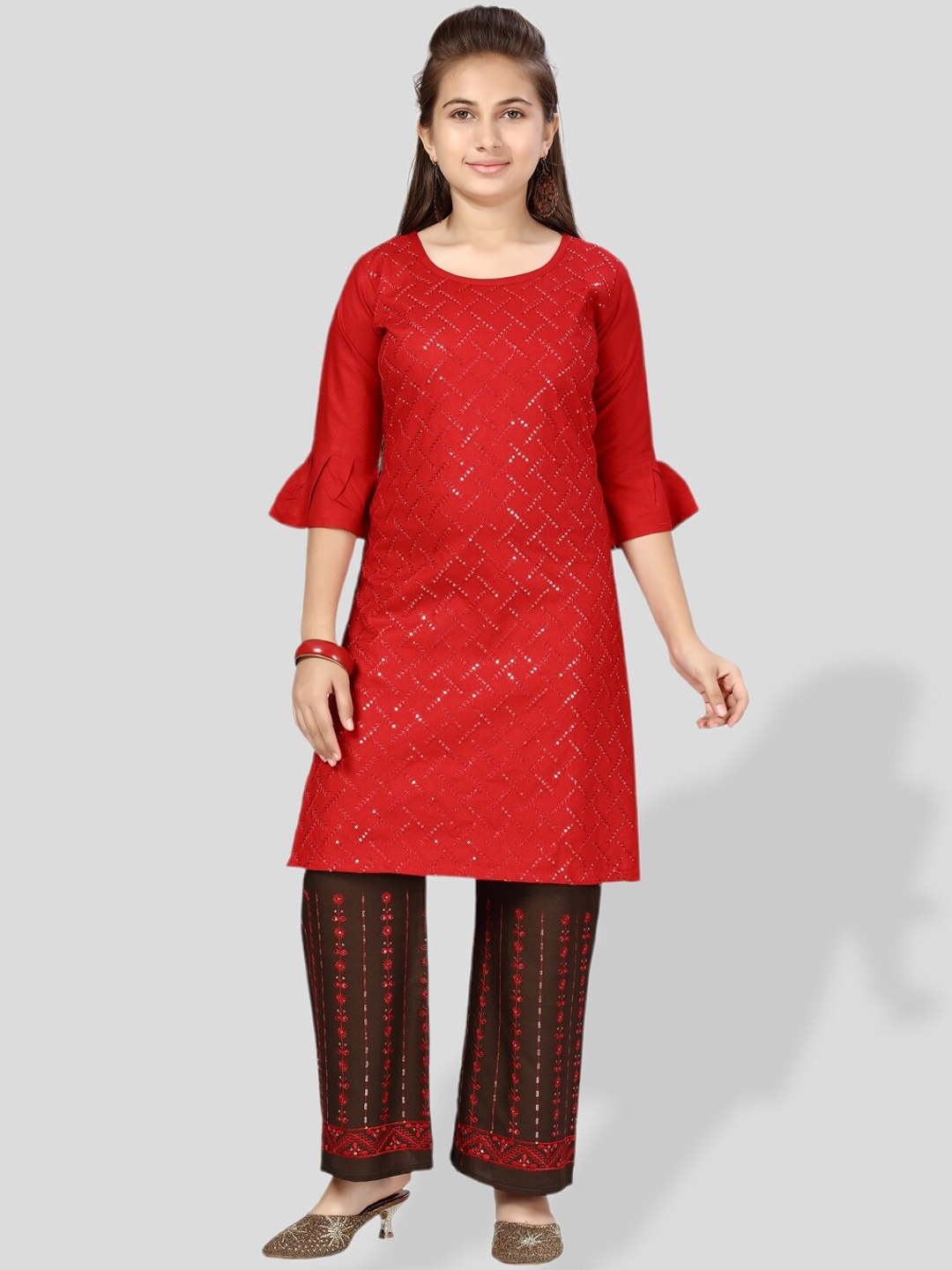 

BAESD Girls Ethnic Motifs Embroidered Sequinned Pure Cotton Kurta with Palazzos, Red