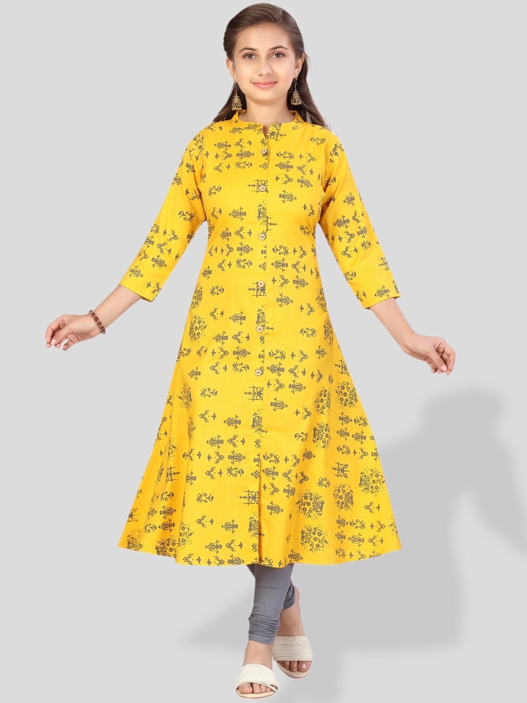 

BAESD Girls Ethnic Motifs Printed Mandarin Collar A-Line Cotton Kurta, Yellow