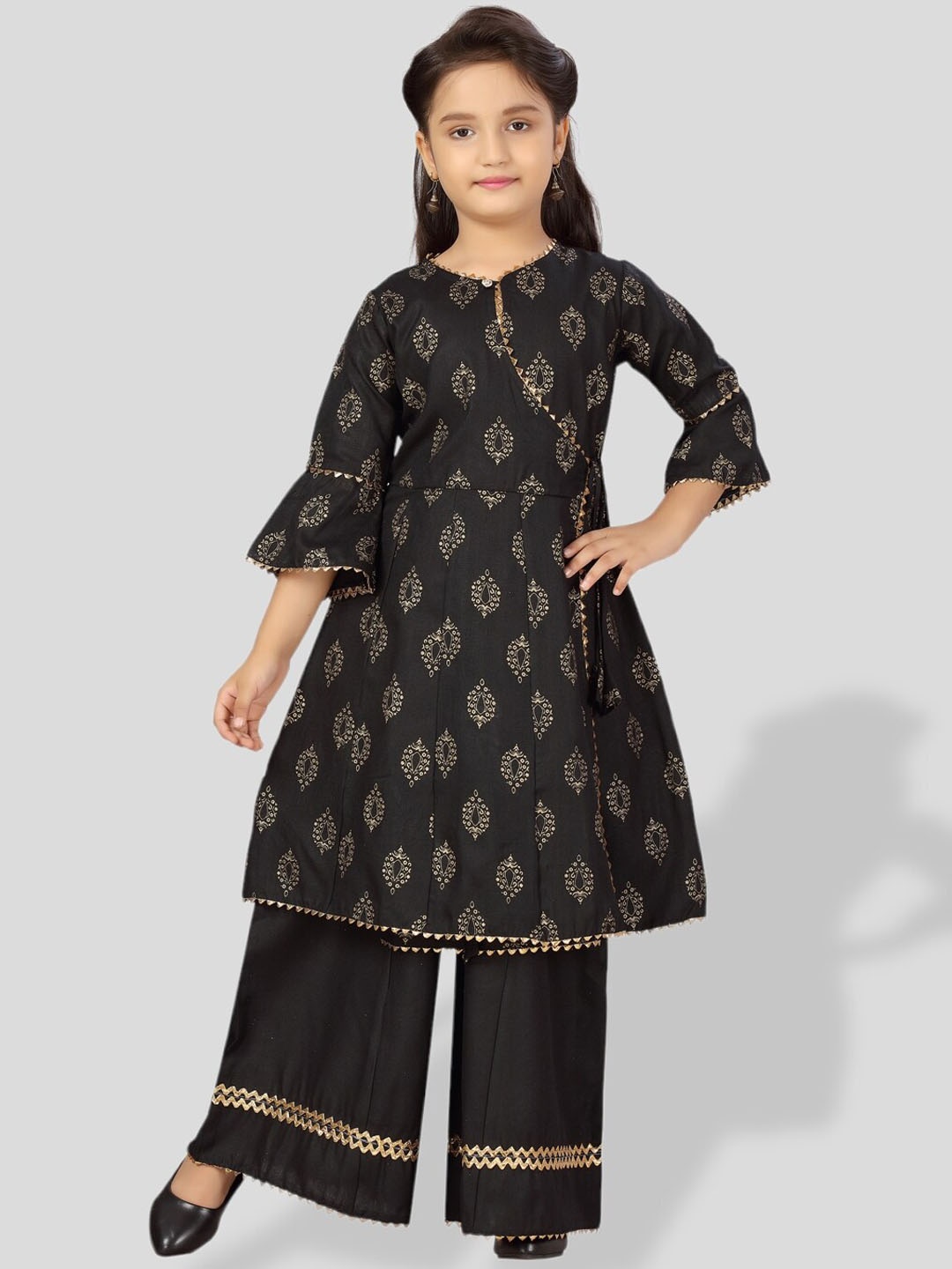 

BAESD Girls Ethnic Motifs Printed Gotta Patti Pure Cotton Kurta with Palazzos, Black