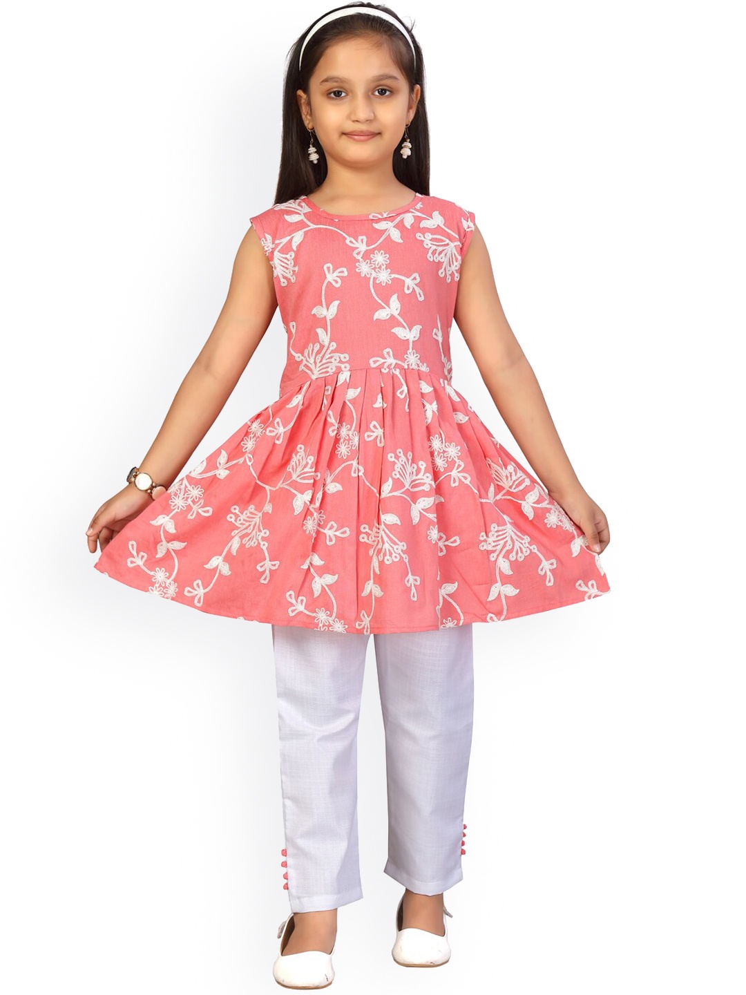 

BAESD Girls Floral Embroidered A-line Pure Cotton Kurti with Trousers, Peach