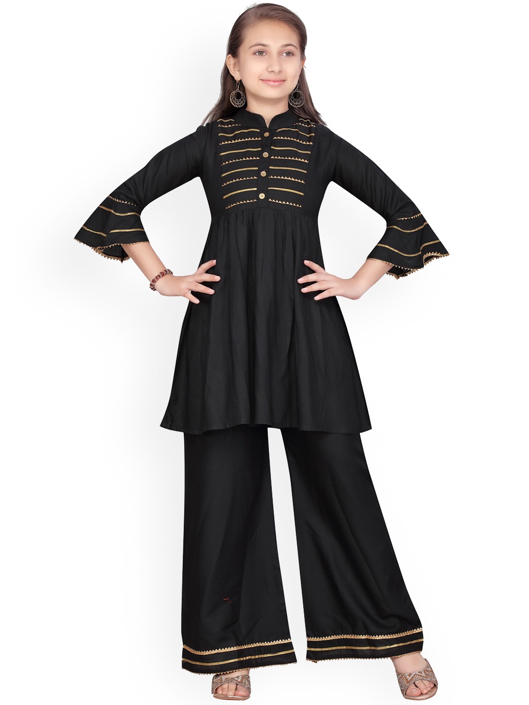 

BAESD Girls Gotta Patti A-Line Pure Cotton Kurta with Palazzos, Black
