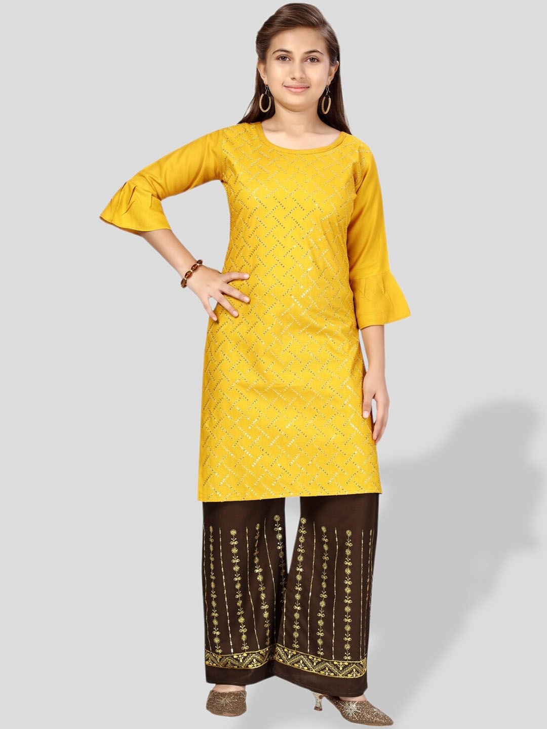 

BAESD Girls Ethnic Motifs Embroidered Sequinned Pure Cotton Kurta with Palazzos, Yellow