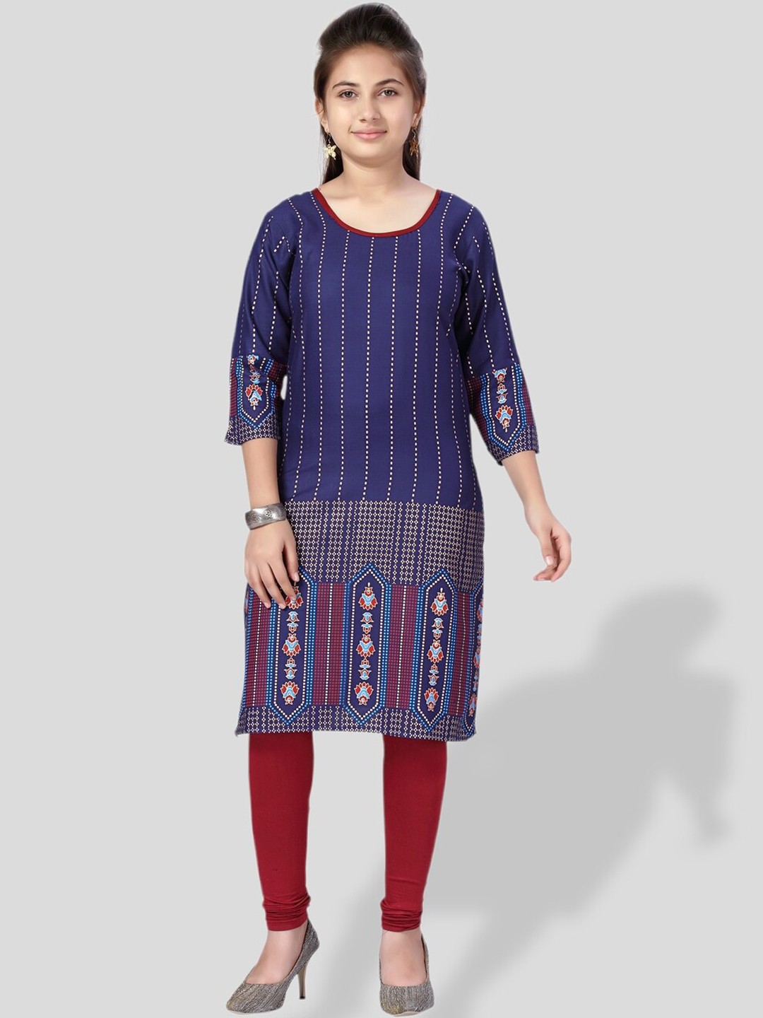 

BAESD Girls Striped Round Neck Kurta, Navy blue