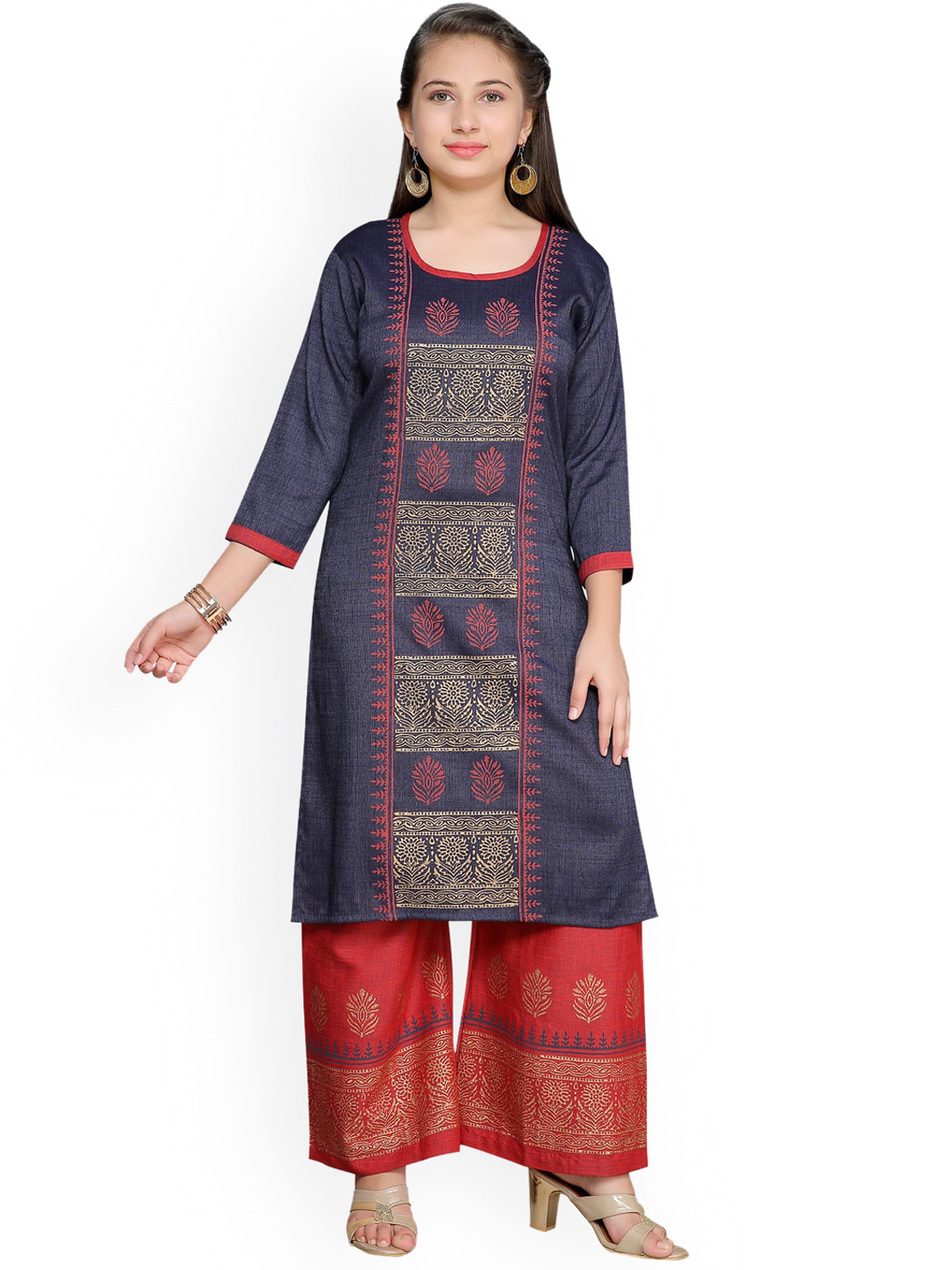 

BAESD Girls Ethnic Motifs Printed Pure Cotton Kurta with Palazzos, Blue
