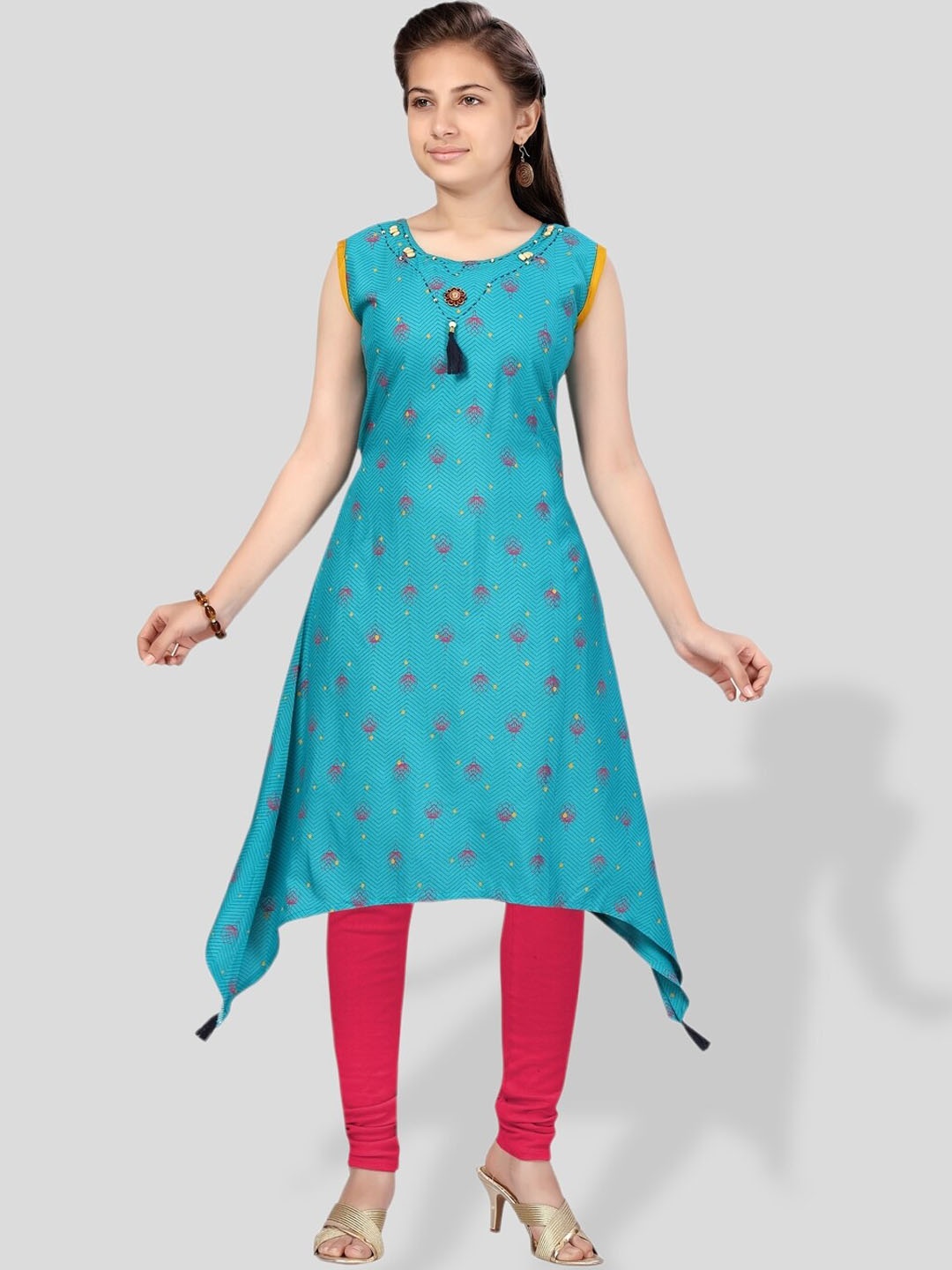 

BAESD Girls Ethnic Motifs Printed Thread Work Asymmetric A-Line Cotton Kurta, Turquoise blue