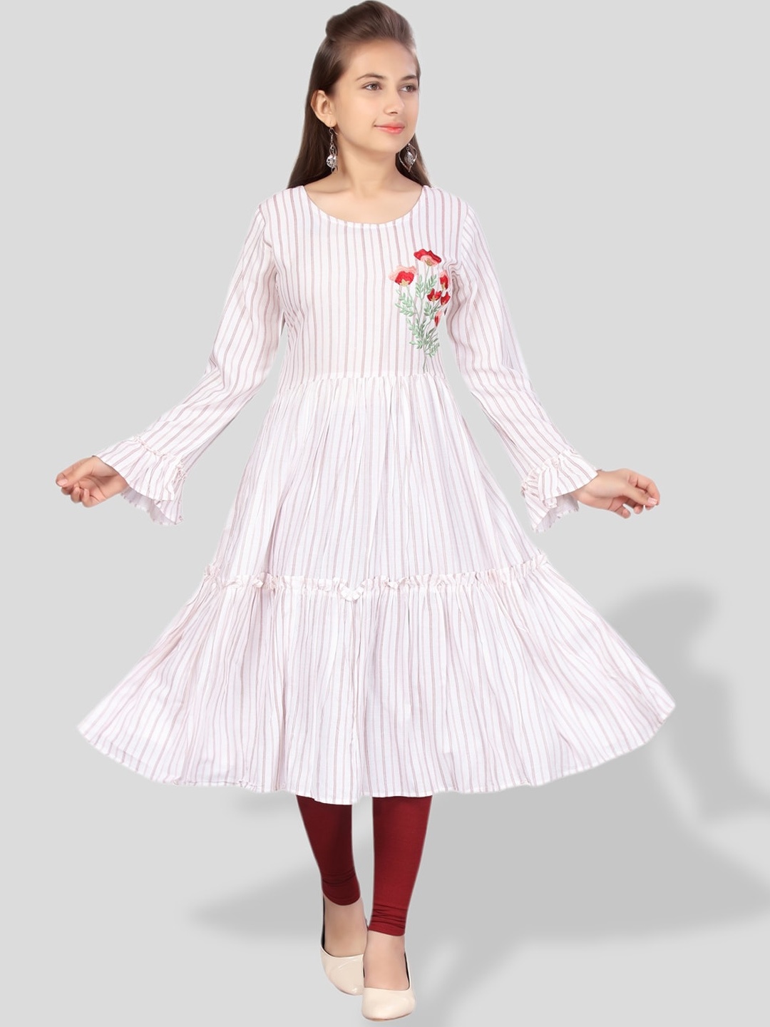 

BAESD Girls Striped Thread Work Anarkali Cotton Kurta, White