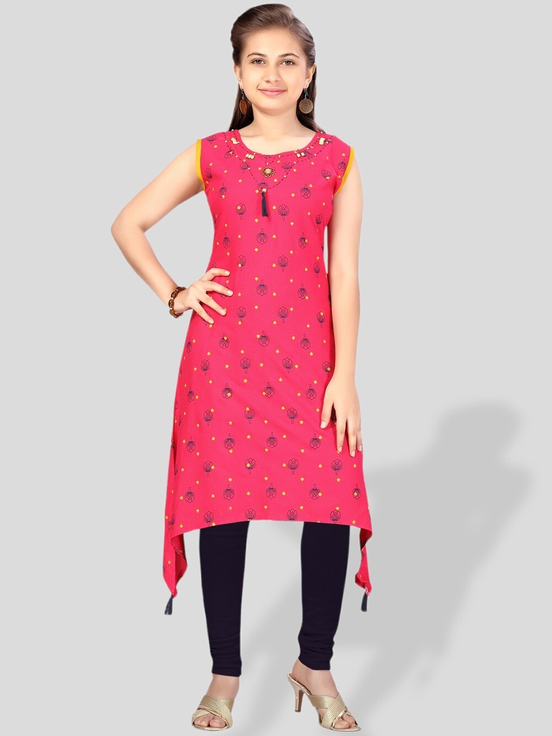 

BAESD Girls Ethnic Motifs Printed Thread Work A-Line Kurta, Pink