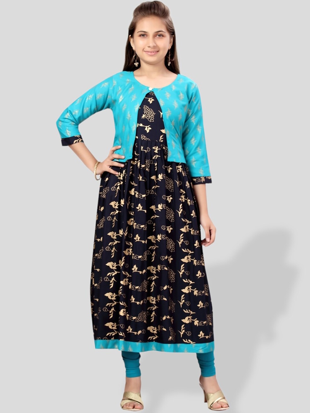 

BAESD Girls Floral Printed Anarkali Kurta With Strug, Turquoise blue