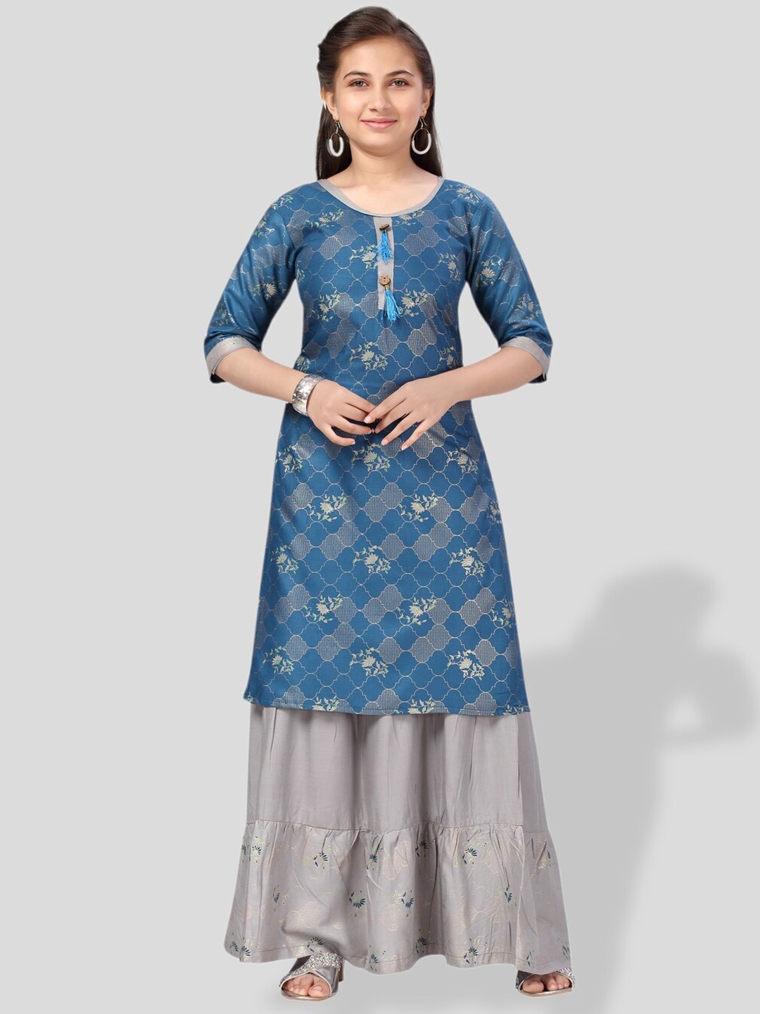 

BAESD Girls Ethnic Motifs Printed Pure Cotton Kurta with Sharara, Blue