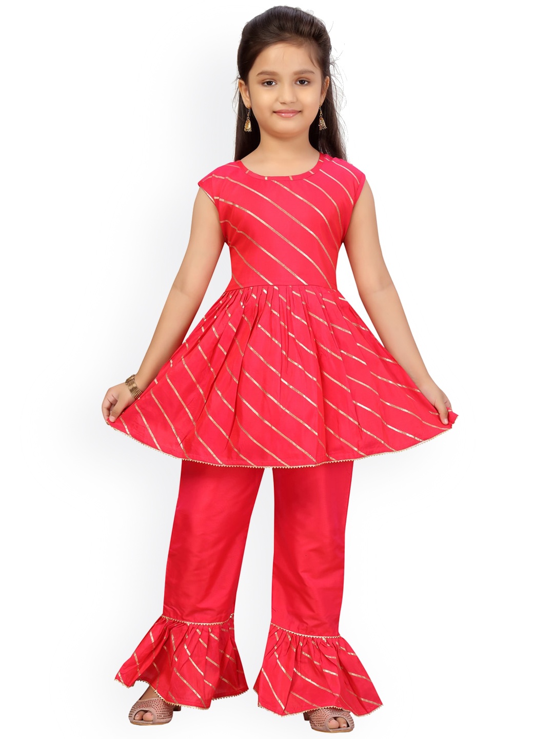 

BAESD Girls Striped Gotta Patti Pure Cotton Kurta with Sharara, Pink
