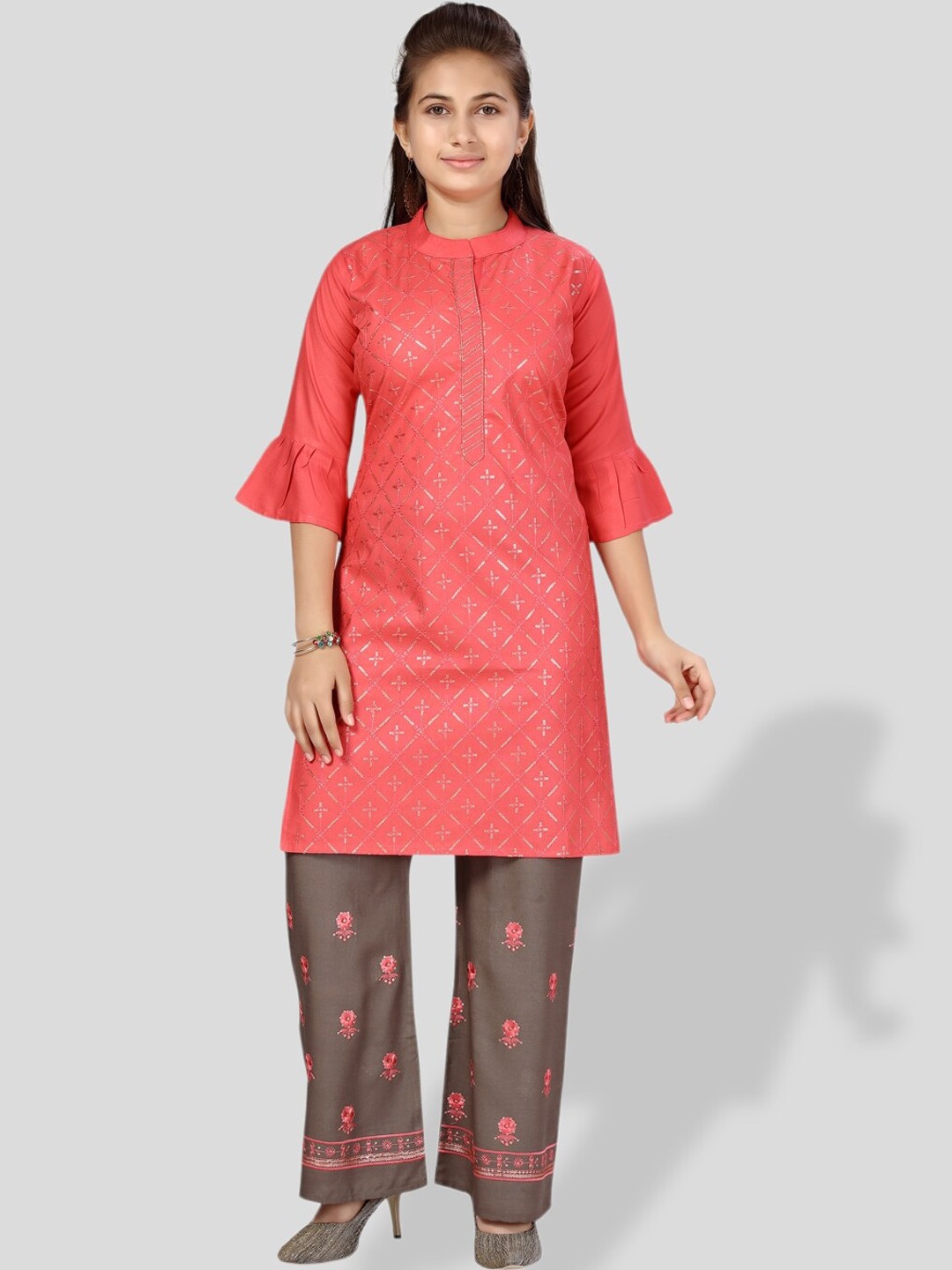 

BAESD Girls Ethnic Motifs Embroidered Sequined Pure Cotton Kurta with Palazzos, Pink