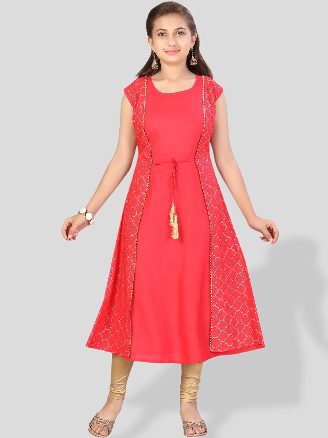 

BAESD Girls Geometric Printed Cotton A-Line Kurta, Red