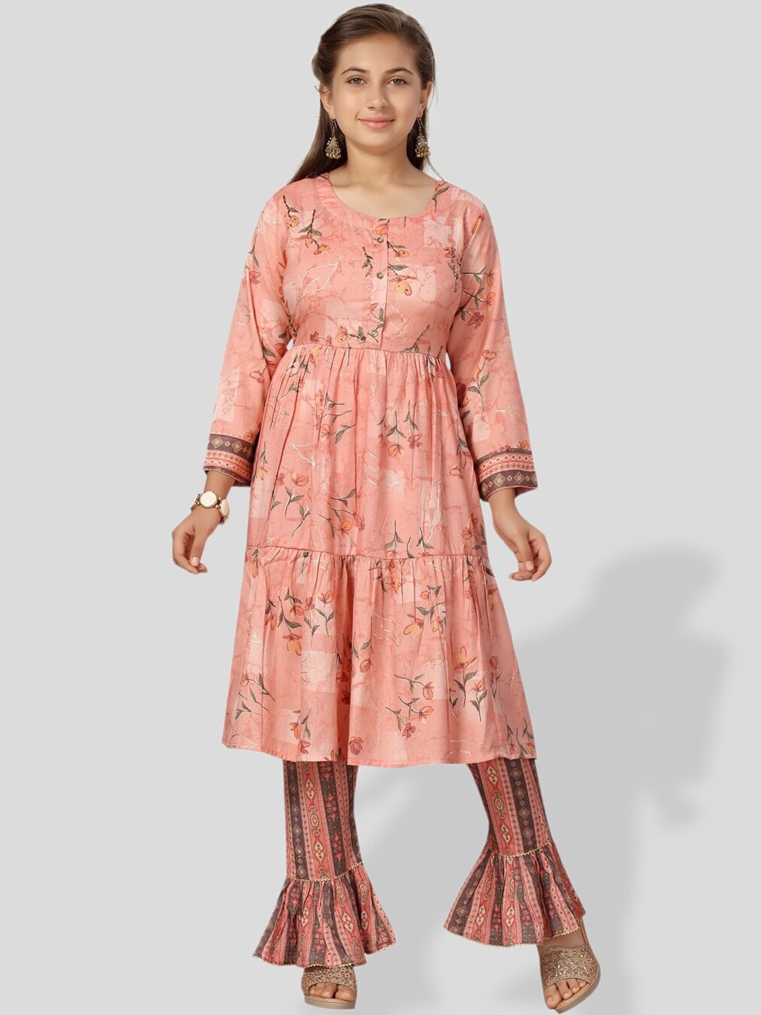 

BAESD Girls Floral Printed Pure Cotton Kurta With Trousers, Peach