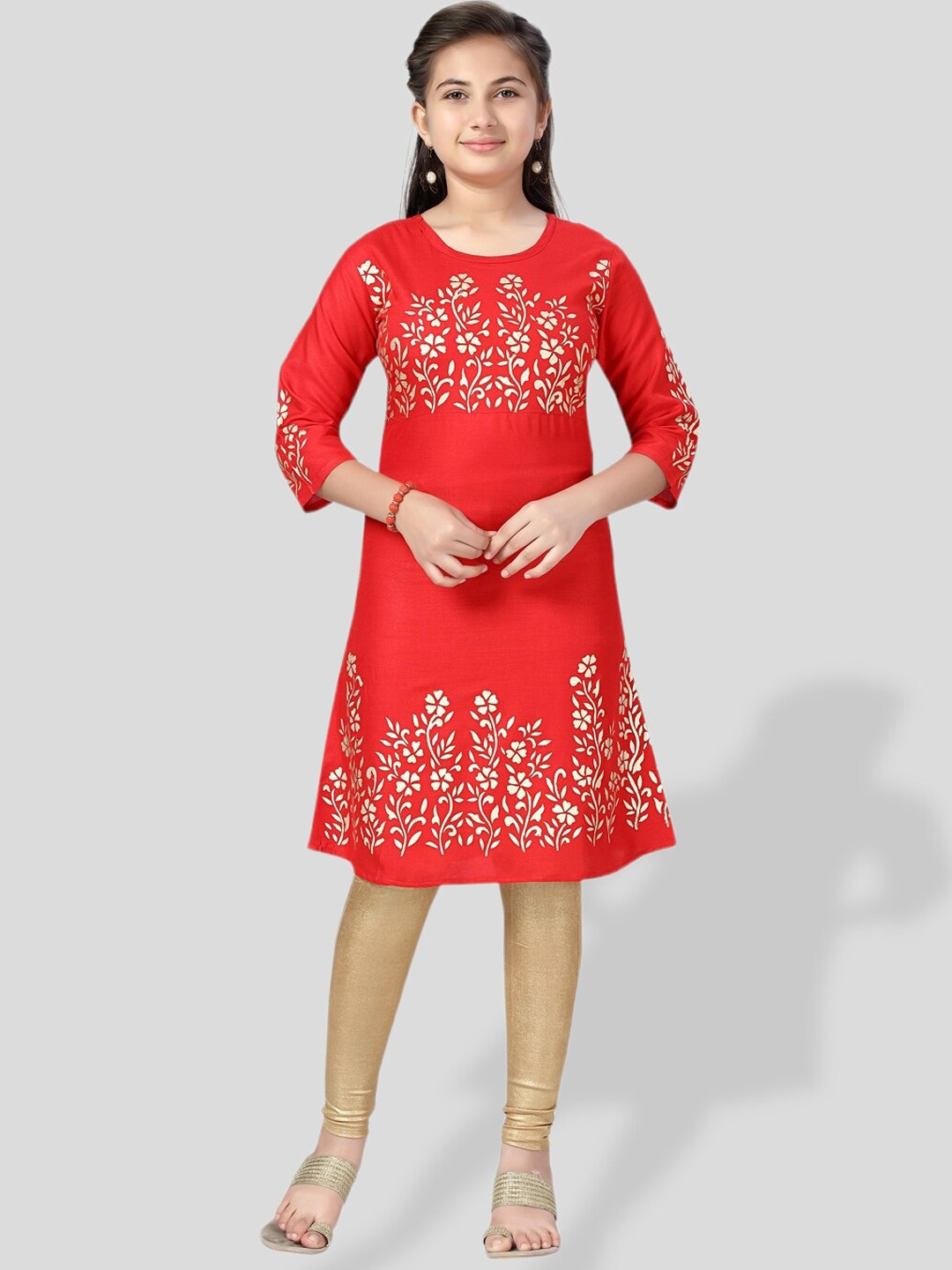 

BAESD Girls Floral Printed Cotton A-Line Kurta, Red