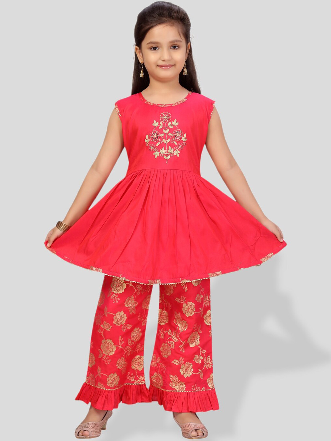 

BAESD Girls Floral Printed Pleated Pure Silk Kurta with Trousers, Pink