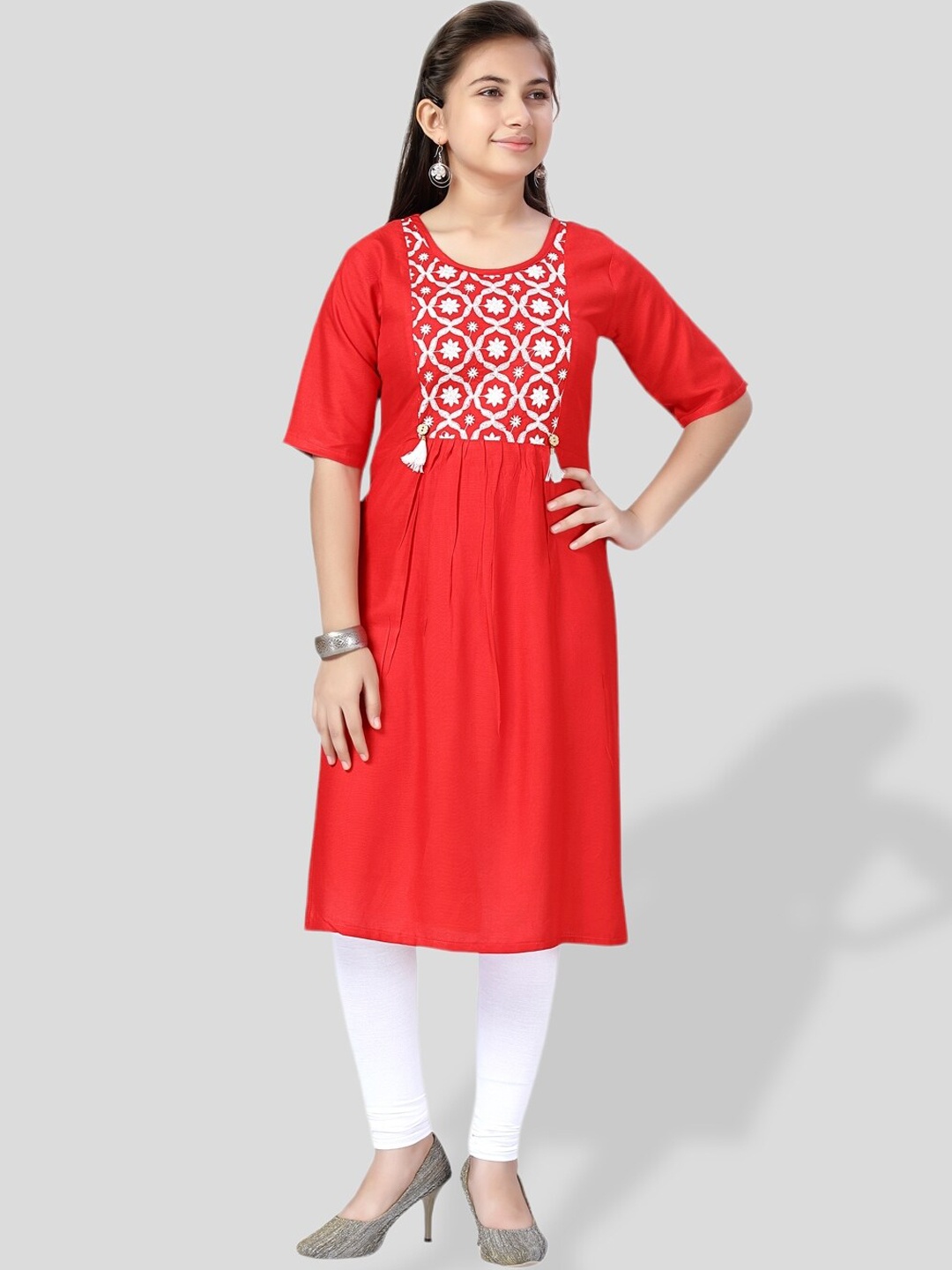 

BAESD Girls Ethnic Motifs Yoke Design Thread Work Cotton A-Line Kurta, Red