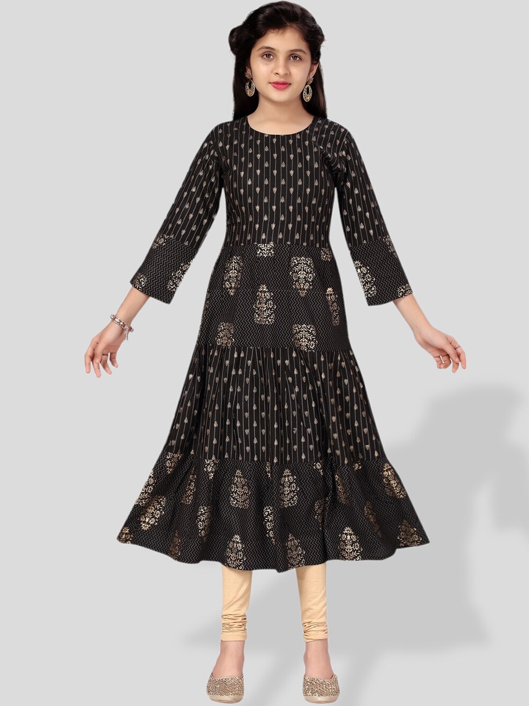 

BAESD Girls Ethnic Motifs Printed Cotton A-Line Kurta, Black