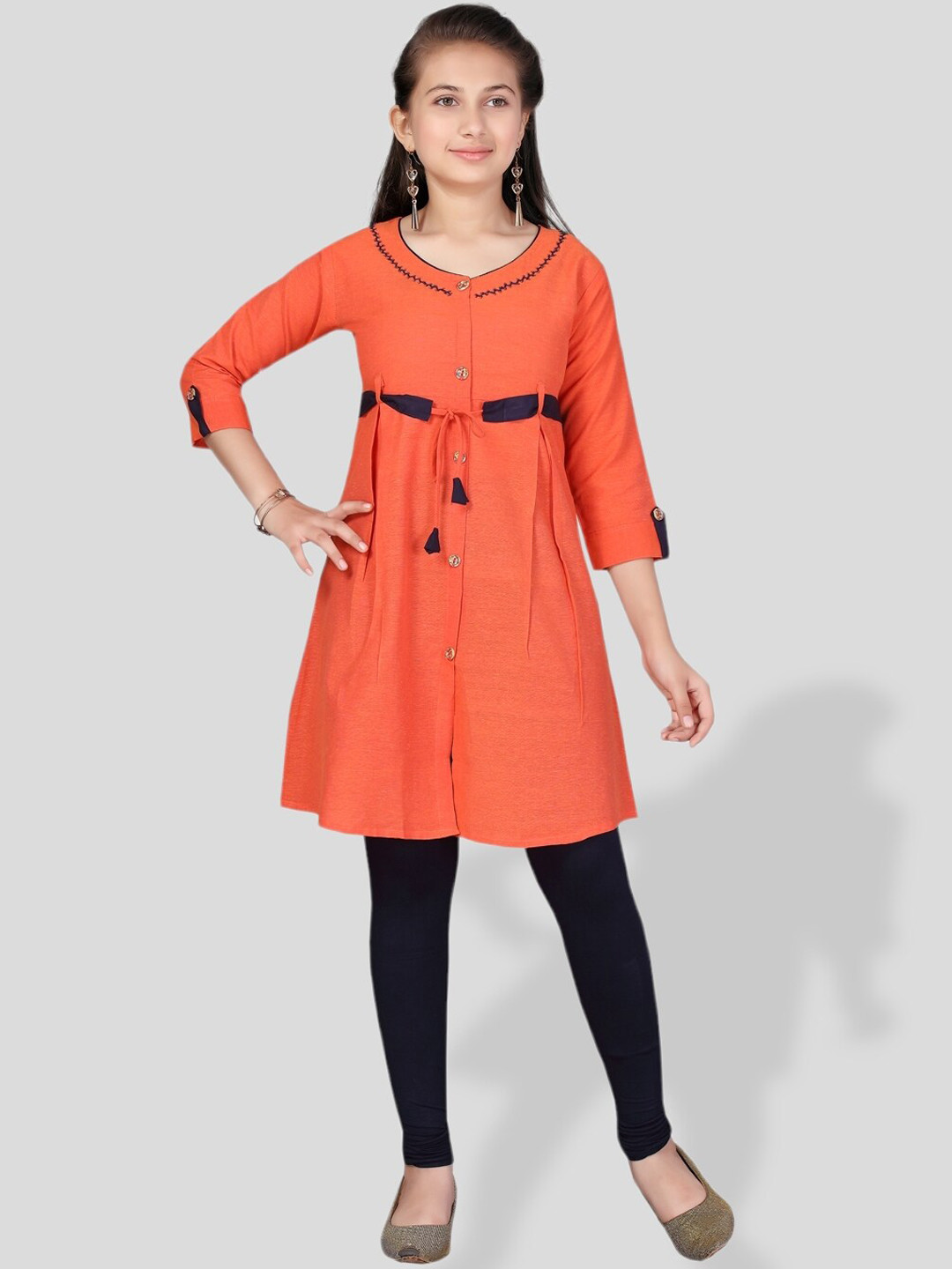 

BAESD Girls Round Neck Belted Detail Cotton A-Line Kurta, Orange