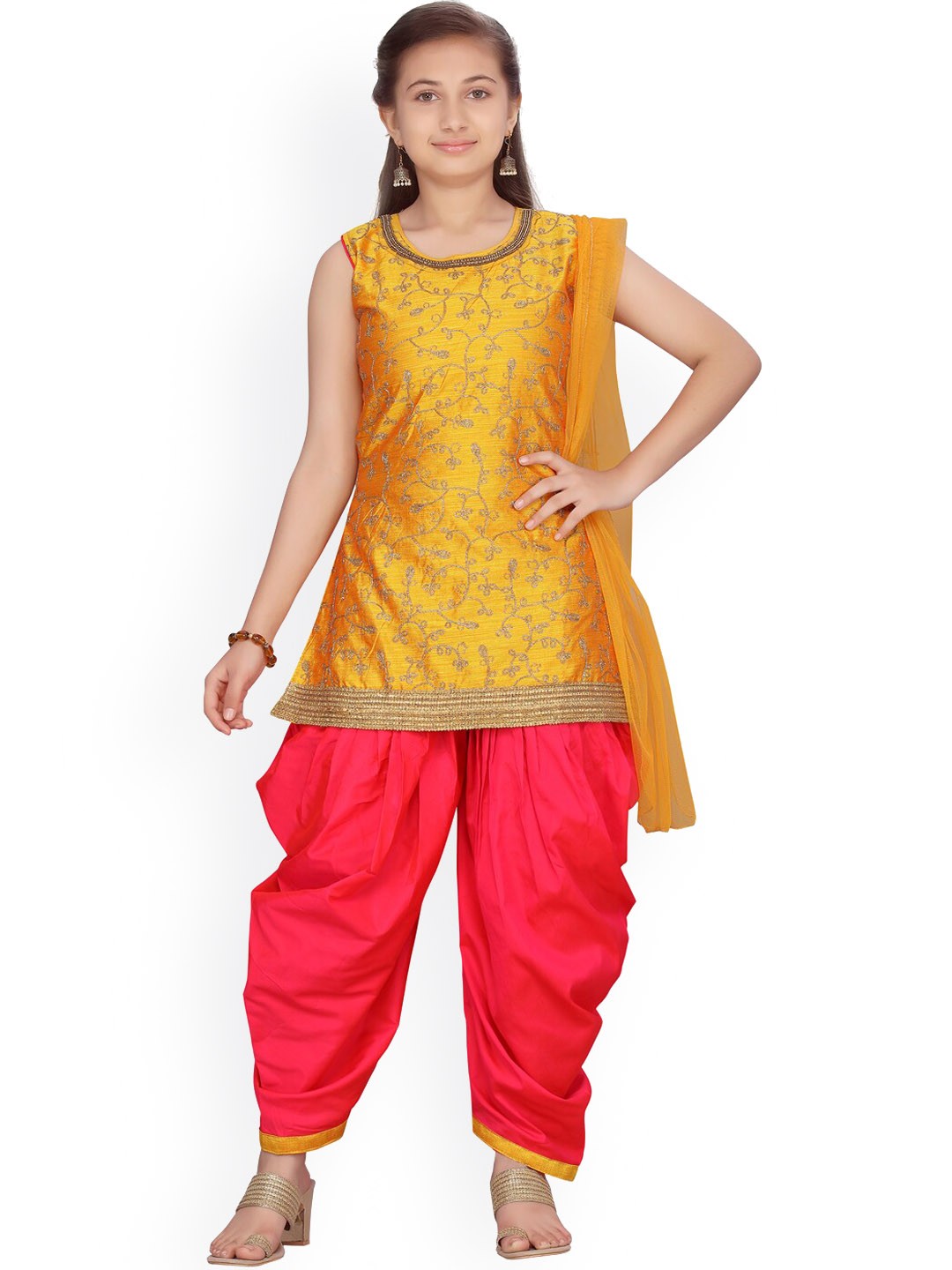 

BAESD Girls Ethnic Motifs Printed Pure Silk Kurta with Palazzos & With Dupatta, Yellow