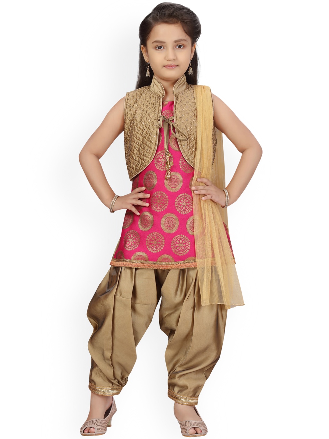 

BAESD Girls Ethnic Motifs Printed Pure Silk Kurti with Patiala & With Dupatta, Pink