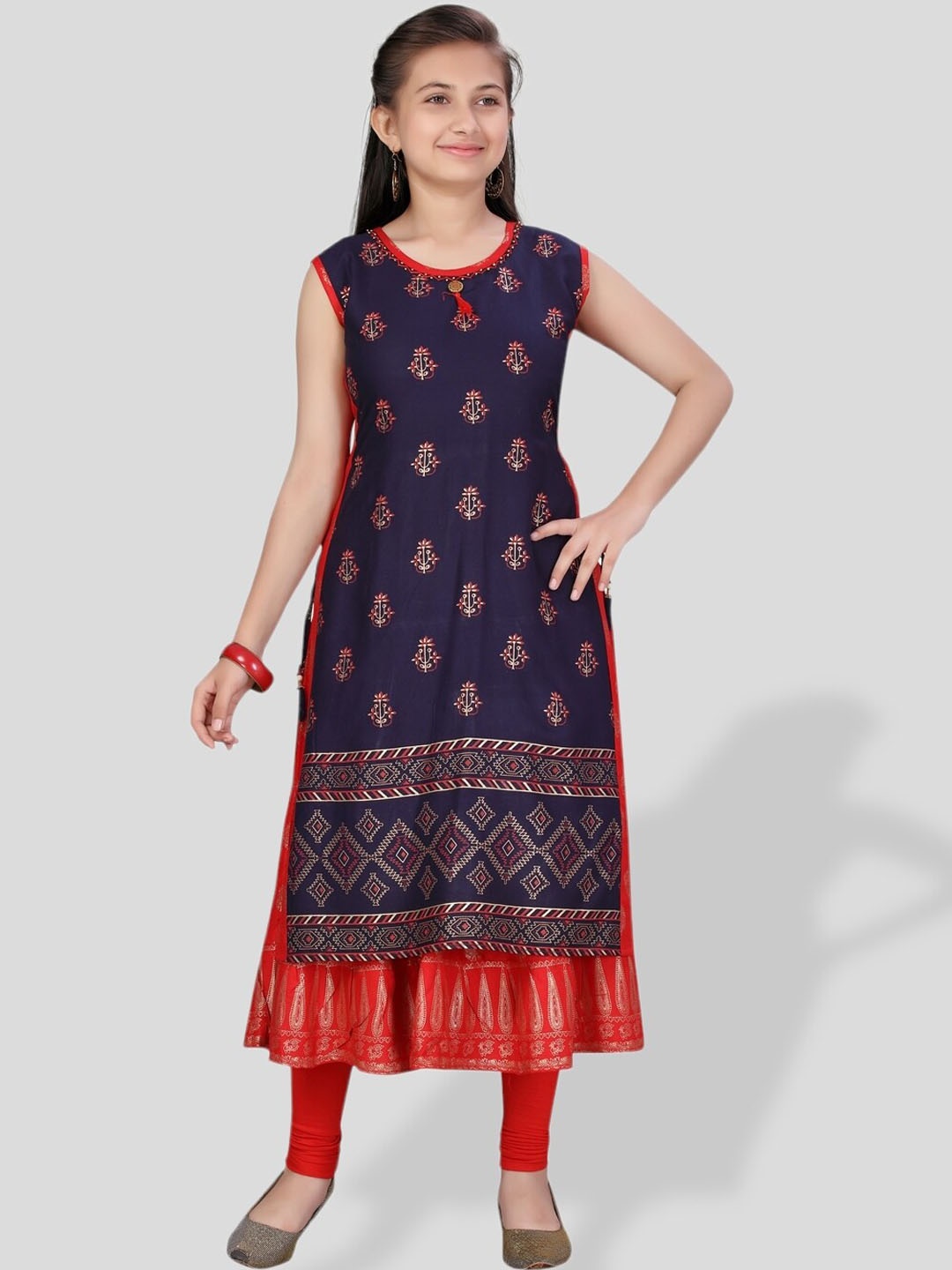 

BAESD Girls Ethnic Motifs Printed Cotton A-Line Kurta, Navy blue