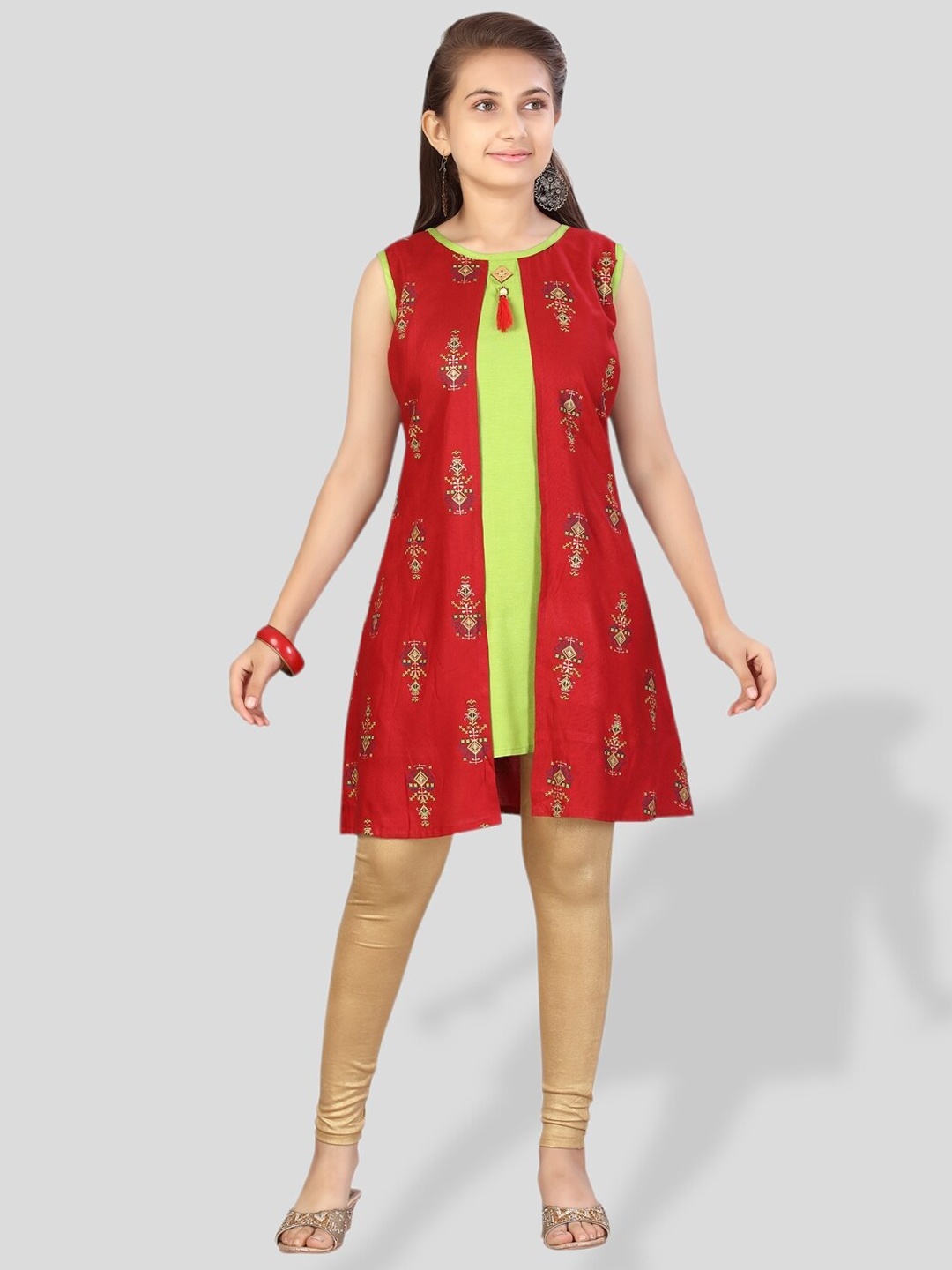 

BAESD Girls Ethnic Motifs Printed Cotton A-Line Kurta, Red