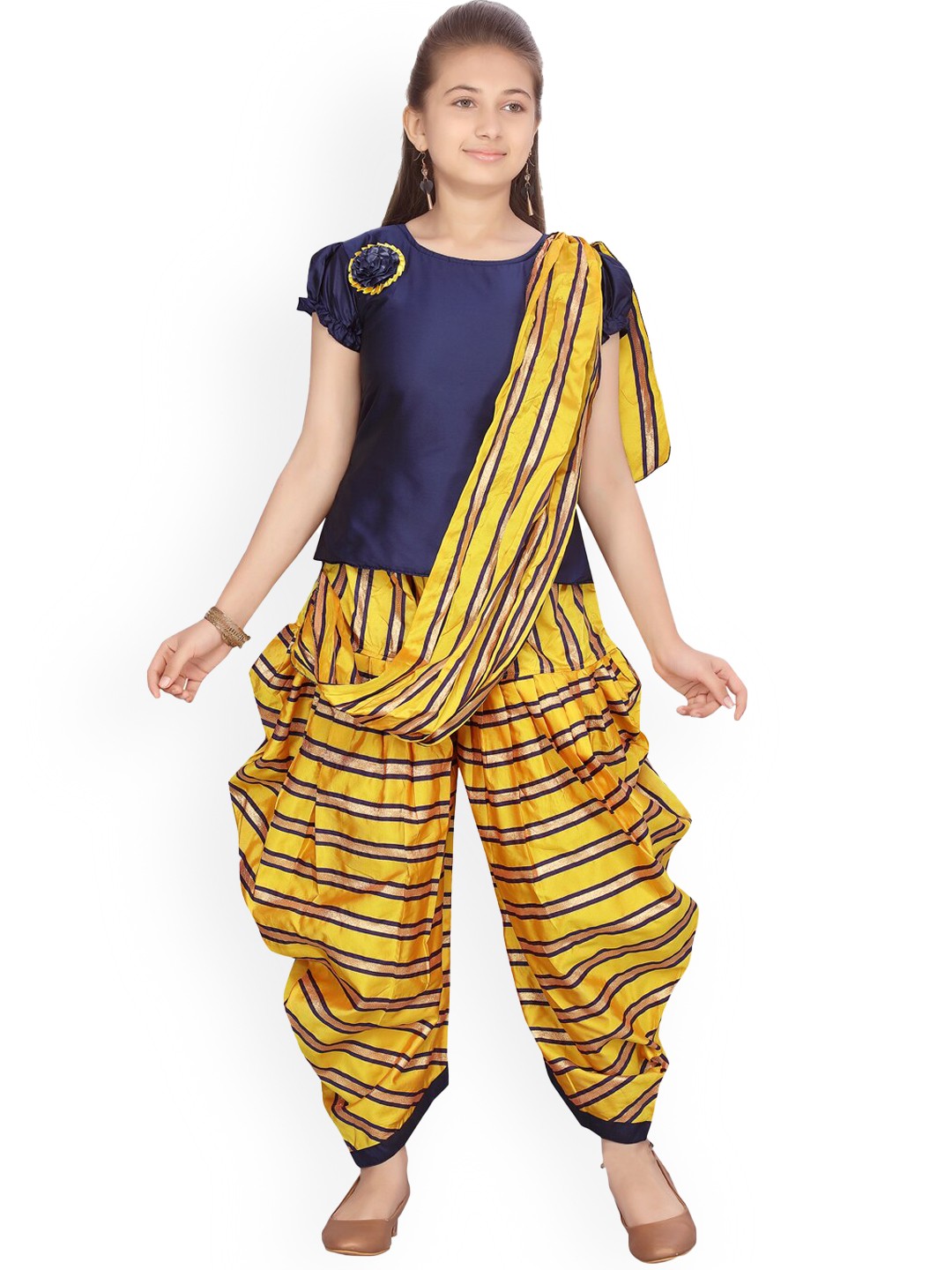 

BAESD Pure Silk Top & Striped Patiala With Dupatta, Navy blue