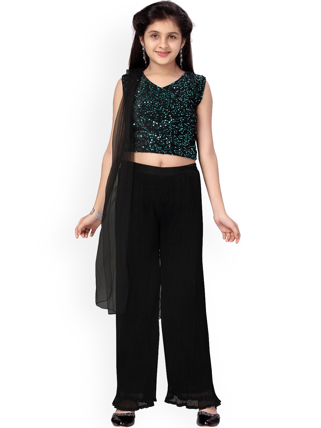 

BAESD Girls Sequin Embellished Top & Palazzo With Dupatta, Black