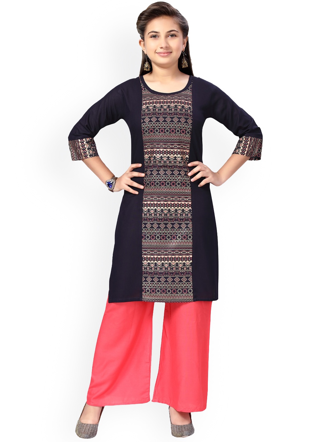 

BAESD Printed Pure Cotton Kurta With Palazzo, Navy blue