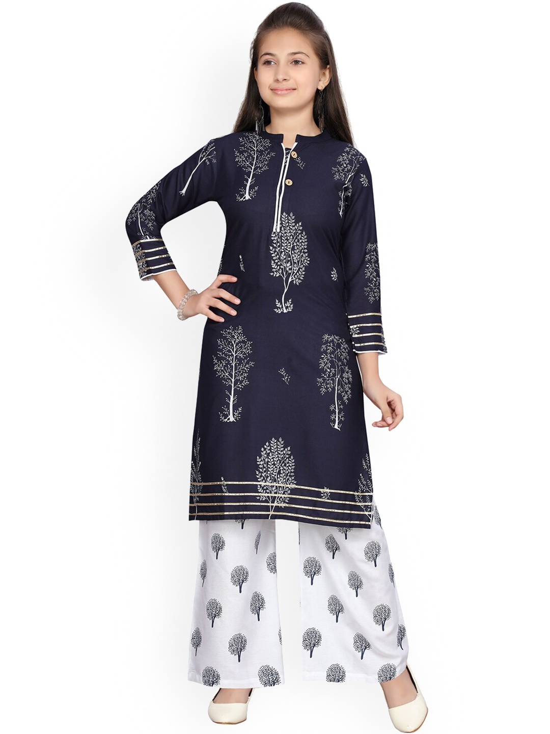

BAESD Girls Ethnic Motifs Printed Pure Cotton Straight Kurta With Palazzo, Navy blue