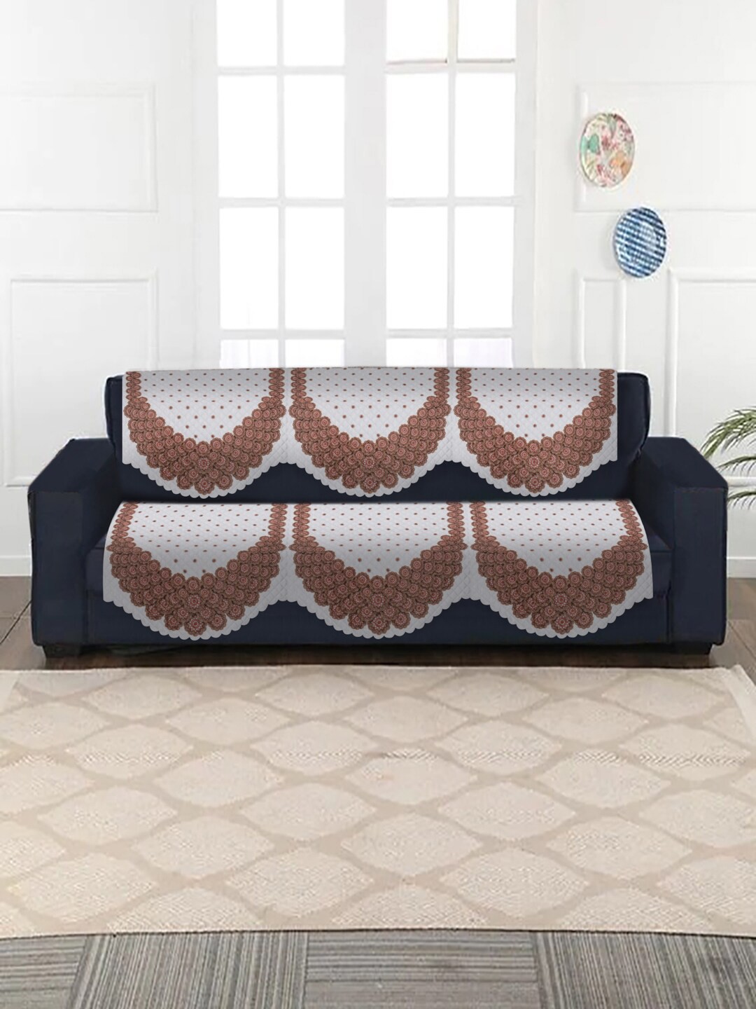 

SOKNACK 2-Pcs White & Brown Ultra Punched Printed Soft Velvet 3-Seater Sofa Covers