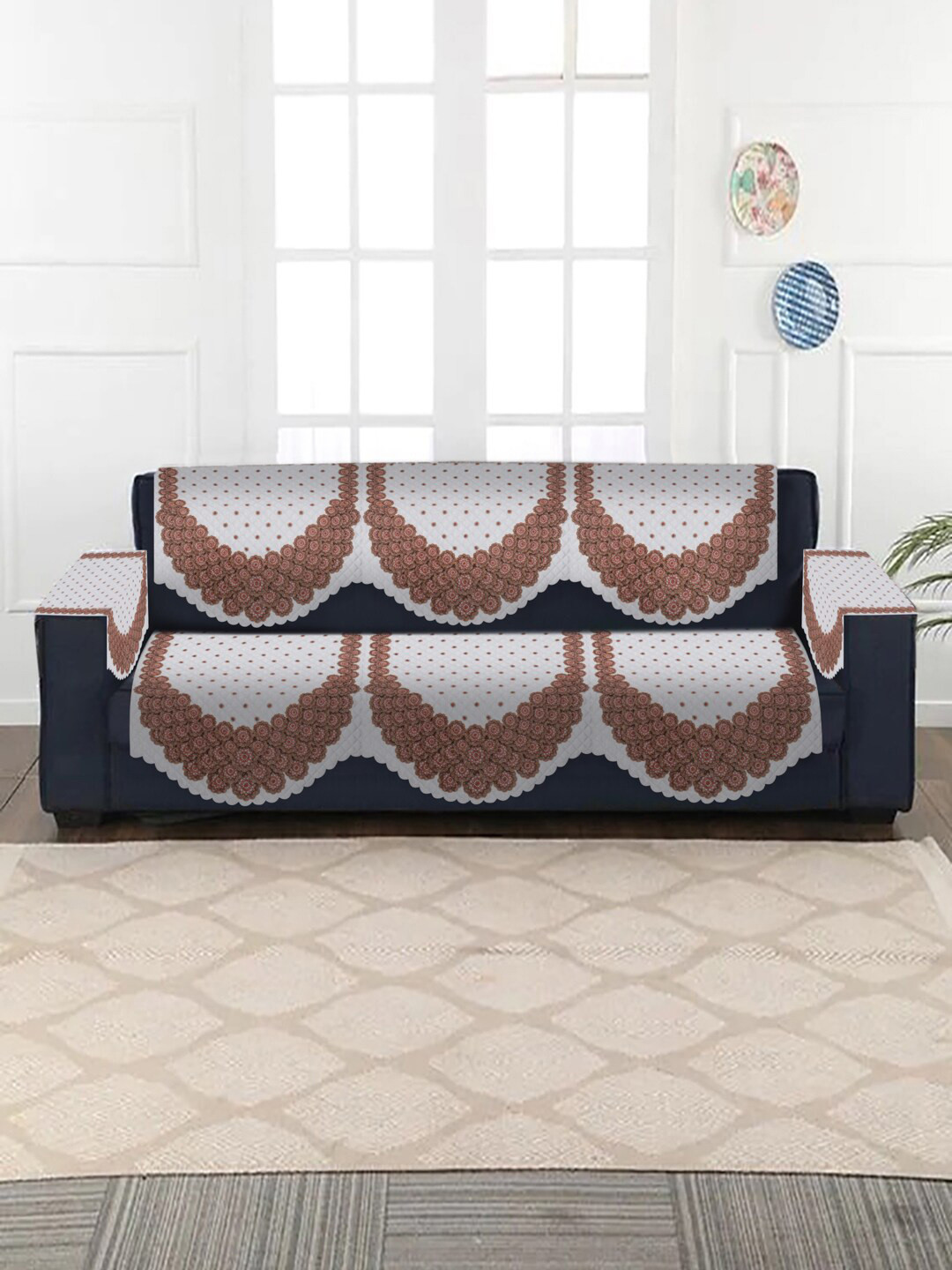

SOKNACK 3 Seater Printed Sofa Covers With Arm Rest Covers, Off white